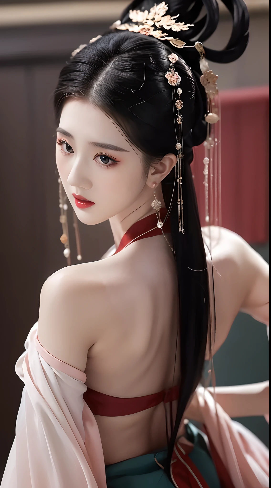 1 beautiful girl, long black hair, black eyes, Ancient Chinese style bun, wearing a thin silk shirt of ancient China, appears shoulders and head in the photo, plump red lips, pout, mouth shut, embarrassed, small face makeup detailed and very beautifull, breast augmentation, ((big blum boobs:1.2)), blush, from front, wear earrings, necklaces, from above, looking at viewer, upturned eyes, masterpiece, top quality, best quality, official art, unity 8k wallpaper, highres, ultra-high res, ultra-detailed, (photorealistic:1.2), alone, solo, Only 1 girl, style hanfu Dunhuang,