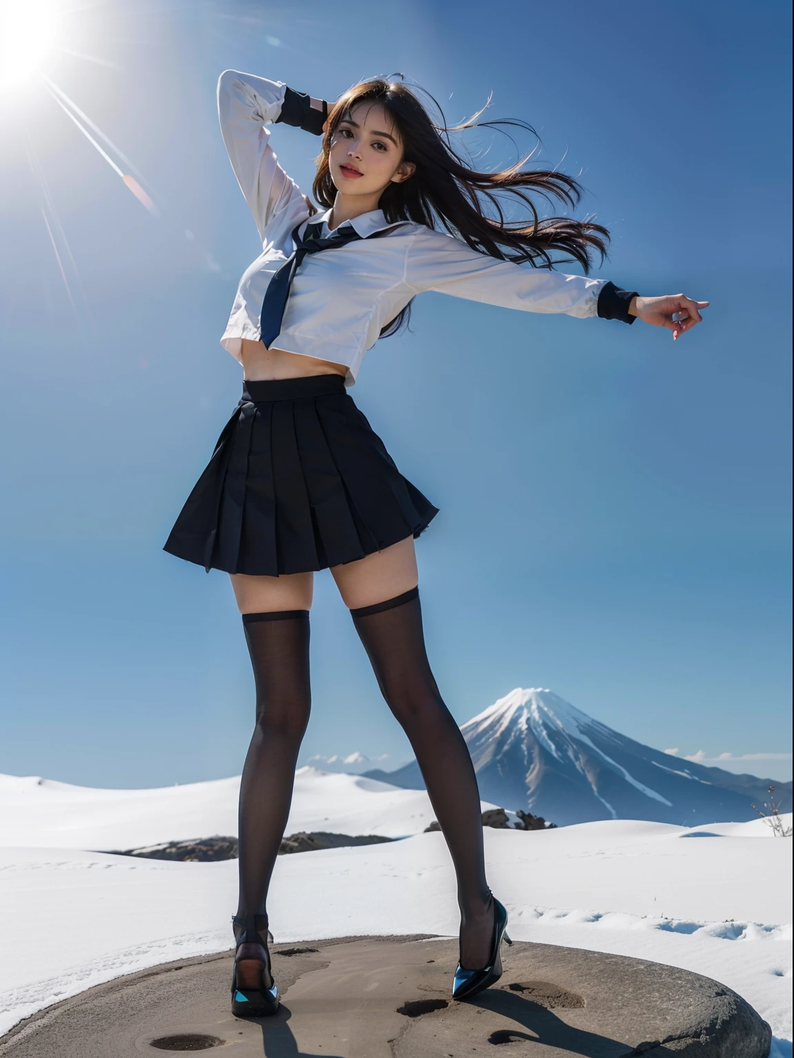 Splitting characters is prohibited,(Full body shot:2),(1girll:1.5), Must show your face, (anatomy correct:1.3), (Dance on top of a mountain:1.1),The breath of nature, (Japan JK Student Uniform:1.2),(Polished pointed toe heels:1.2),(lacepantyhose:2), Keep your feet off the ground,(In pink|amarelo|blue colors|green color|red colour|white colors|black in color|purpleish color|greys|Beige|Flesh-colored), (Thick thighs:1.2), (gigantic hip:1.2), (huge boob:1.2), (Slim waist:1.2),(Strong and stout muscles:1.5),(Accurate and perfect face:1.3),(The sheen:2),A shallow laugh, Complex and diverse backgrounds,Strangling effect,hyper HD, Ray traching, reflective light,structurally correct, Award-Awarded, high detal, lightand shade contrast, Face lighting,cinmatic lighting, tmasterpiece, super detailing, high high quality, high detal, best qualityer, 16k