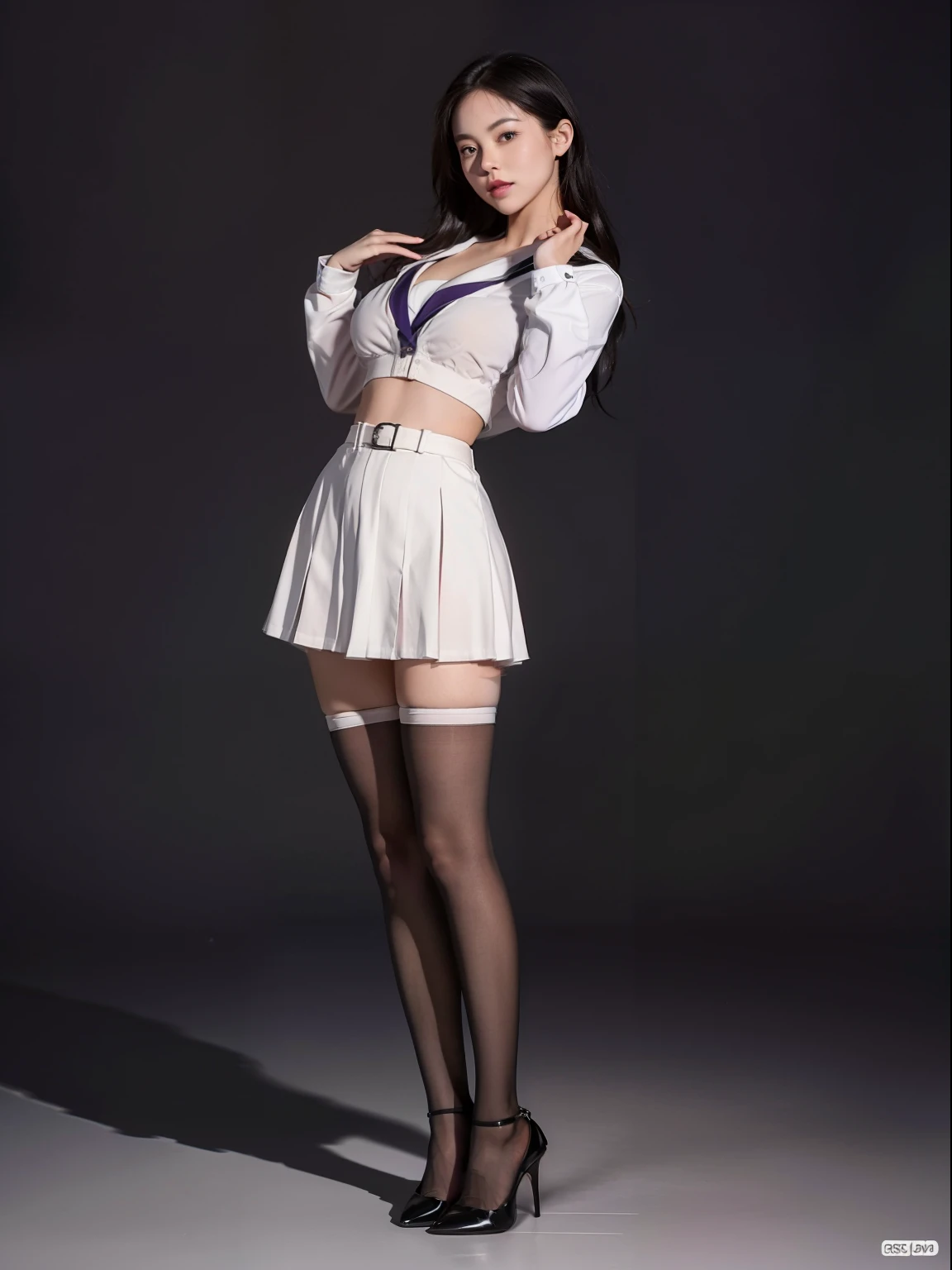 Splitting characters is prohibited,(Full body shot:2),(1girll:1.5), Must show your face, (anatomy correct:1.3), (Dance on top of a mountain:1.1),The breath of nature, (Japan JK Student Uniform:1.2),(Polished pointed toe heels:1.2),(lacepantyhose:2), Keep your feet off the ground,(In pink|amarelo|blue colors|green color|red colour|white colors|black in color|purpleish color|greys|Beige|Flesh-colored), (Thick thighs:1.2), (gigantic hip:1.2), (huge boob:1.2), (Slim waist:1.2),(Strong and stout muscles:1.5),(Accurate and perfect face:1.3),(The sheen:2),A shallow laugh, Complex and diverse backgrounds,Strangling effect,hyper HD, Ray traching, reflective light,structurally correct, Award-Awarded, high detal, lightand shade contrast, Face lighting,cinmatic lighting, tmasterpiece, super detailing, high high quality, high detal, best qualityer, 16k