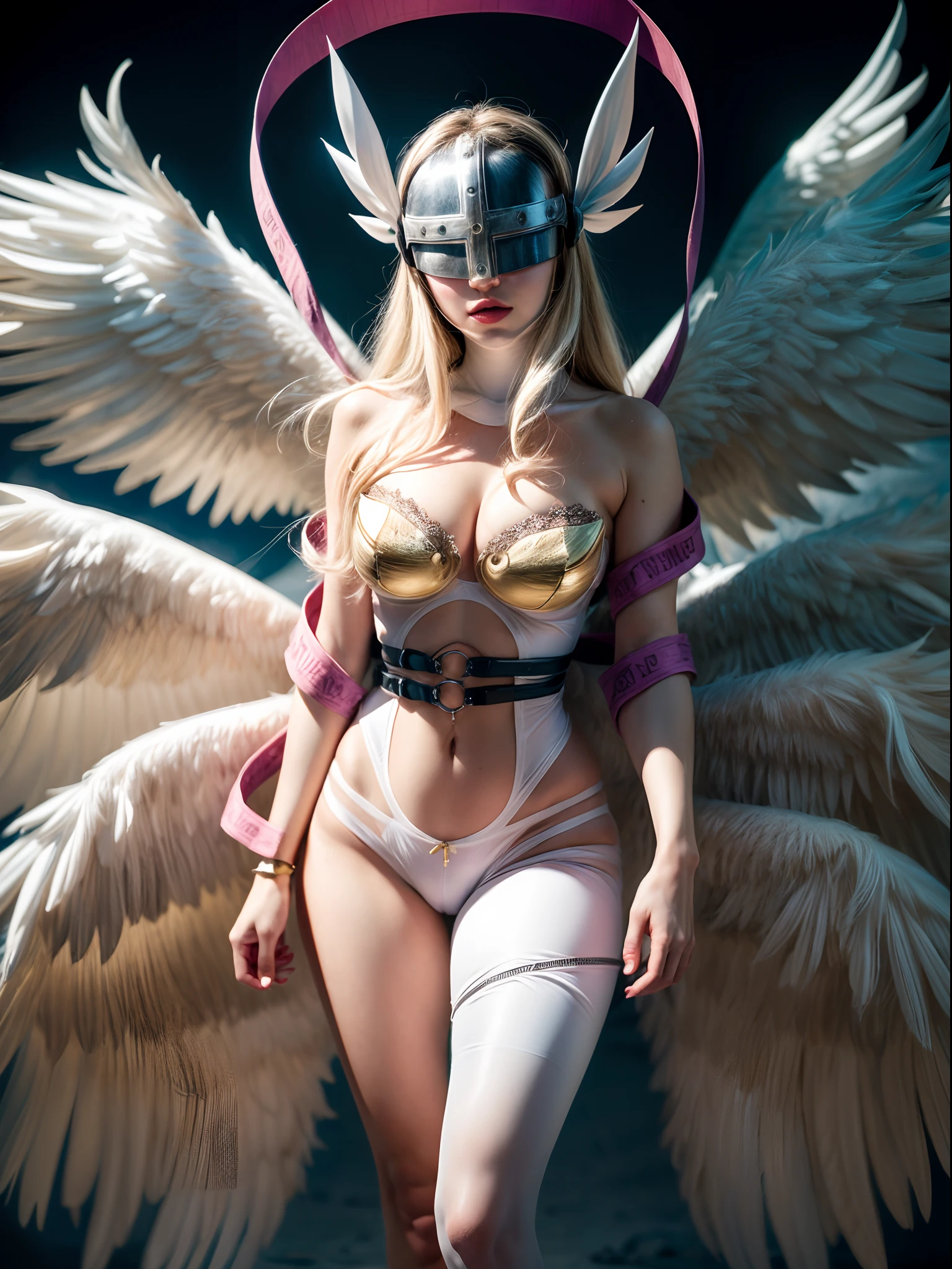 (masterpiece, best quality:1.4), (future days), (standing:1.5), (dynamic angle), 1girl, solo, (european youth:1), Angewomon, Digimon, winged helmet, helmet over eyes, helmet on, covered eyes, white multiple wings, white wings, pink hagoromo, single glove, strapless, white bodysuit, gold strapless bra, black belt, two belts