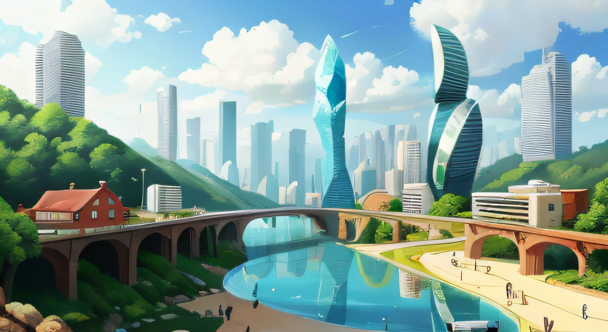 Cidade futurista cercada por grandes florestas e montanhas, and there is a crystal clear river that cuts the city in half