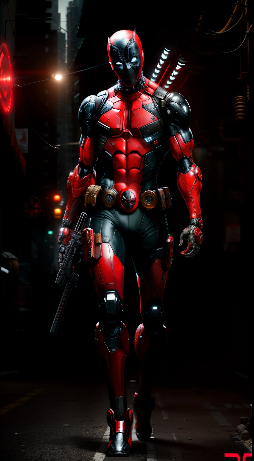Deadpool from Marvel photography, biomechanics, complex robot, red, full growth, full body, hyper-realistic, crazy little details, incredibly clean lines, cyberpunk aesthetic, masterpiece featured on Zbrush Central, cyberpunk city backdrop