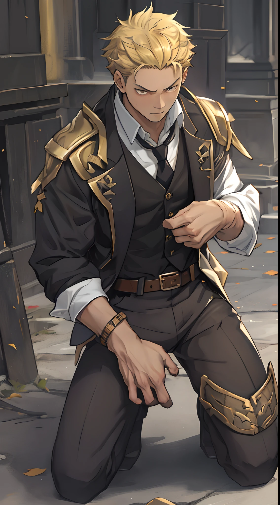 （1 Adult male），Hector Fey，A high resolution， Sharp focus， Pixiv masterpiece， （（Complicated details））， highly  detailed， natsuki_subaru， Handsome，black-skinned，Defeat， crestfallen，full bodyesbian，kneels on the ground， （A gesture of pleading），Golden eyes（eyes glowing）， Short yellow hair，white  shirt，Wear a tie，Wear a belt，perspire，look from down
