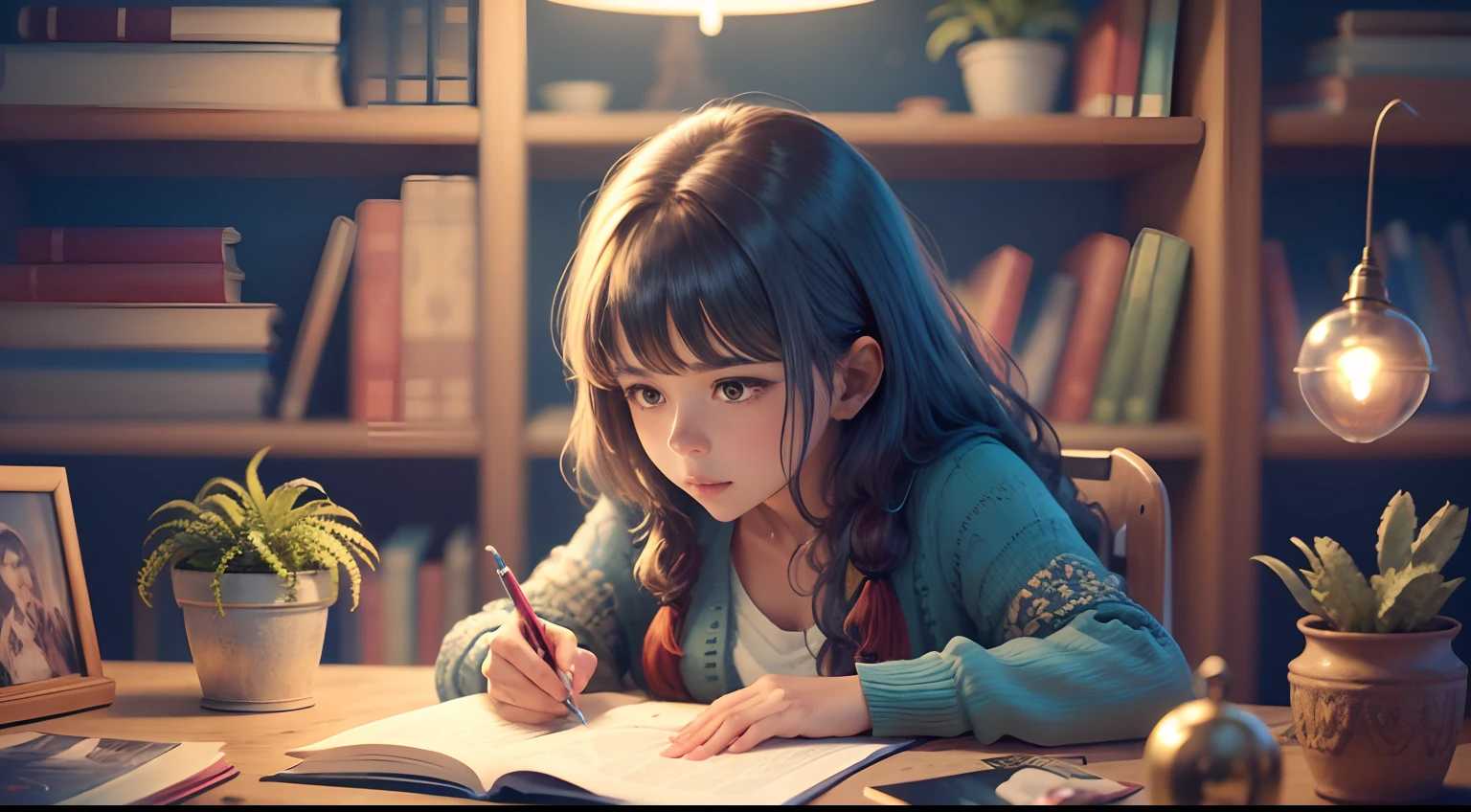 Desenhar anime - menina alegre lendo e estudando um livro em um quarto, sobre uma escrivaninha com vaso e plantas, 1 nearby lamp, janela mostrando a noite com luar,
,