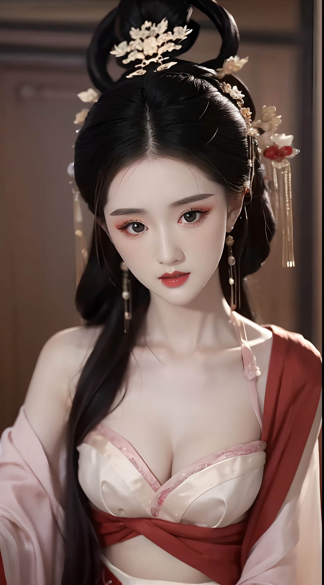 1 beautiful girl, long black hair, black eyes, Ancient Chinese style bun, wearing a thin silk shirt of ancient China, appears shoulders and head in the photo, plump red lips, pout, mouth shut, embarrassed, small face makeup detailed and very beautifull, breast augmentation, ((big blum boobs:1.2)), blush, from front, wear earrings, necklaces, from above, looking at viewer, upturned eyes, masterpiece, top quality, best quality, official art, unity 8k wallpaper, highres, ultra-high res, ultra-detailed, (photorealistic:1.2), alone, solo, Only 1 girl, style hanfu Dunhuang,