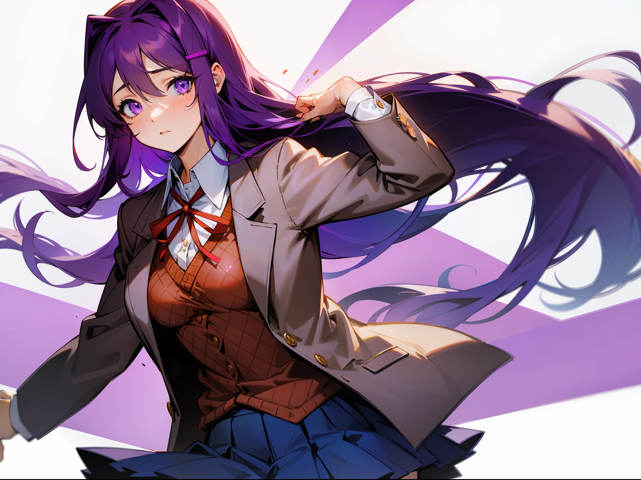 masterpiece, best quality, 1girl, solo, yuri, purple eyes, purple hair, hair between eyes, hairclip, school uniform, blazer, brown sweater, collared shirt, neck ribbon, blue skirt