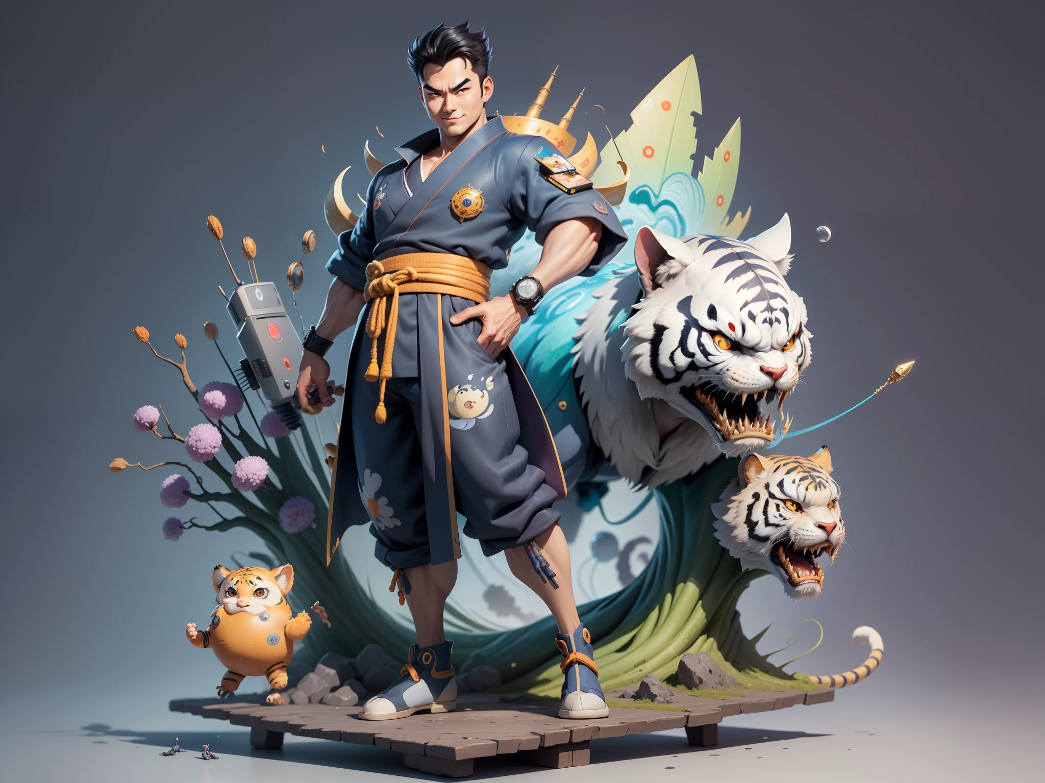 (Masterpiece), (Excellent), (Super Meticulous), (Full Body: 1.2), Super Young Man, Oriental Face, Japanese Kimono, Japanese Wind Thunder God, Dragon, Tiger, TV Anchor, Bust Portrait Illustration, Alone, Black Suit, Blue Tie, Slightly Chubby Face, Very Clean Face, No Beard, Black Super Short Hair, Black Eyes, Confident Smile, 3c Computer Sub-Products, iPad, iPhone, Digital Painting, 3D Character Design by Akira Toriyama and Mark Claireden and Pixar and Hayao Miyazaki, The illustration is a high-definition illustration in 4K resolution with very detailed facial features and cartoon-style visuals.
