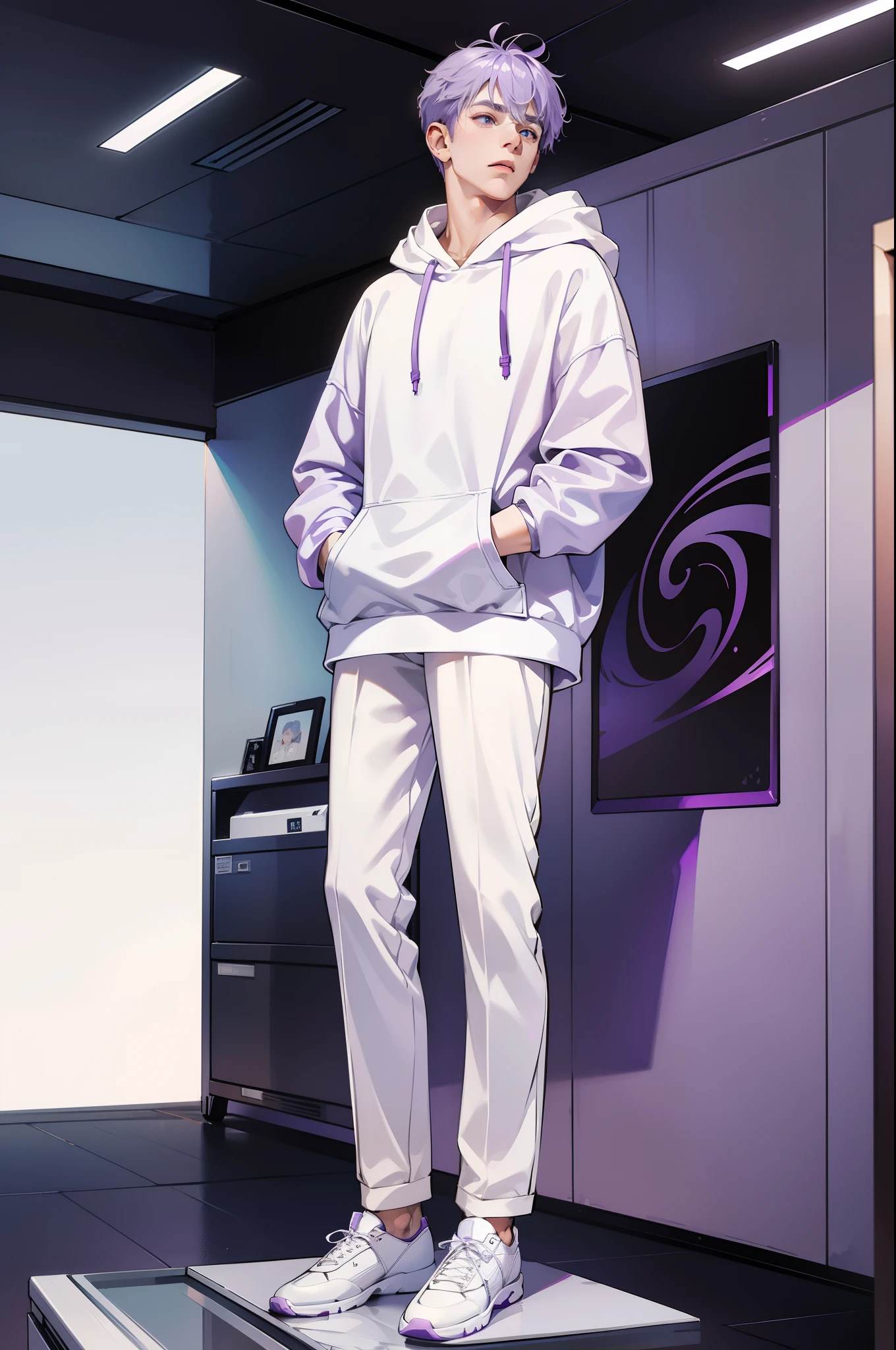 1boy,mature，lilac purple hair，Warm man，white apparel，leisure wear，Hoodies,standing on your feet，full bodyesbian，tmasterpiece，high qulity，4K