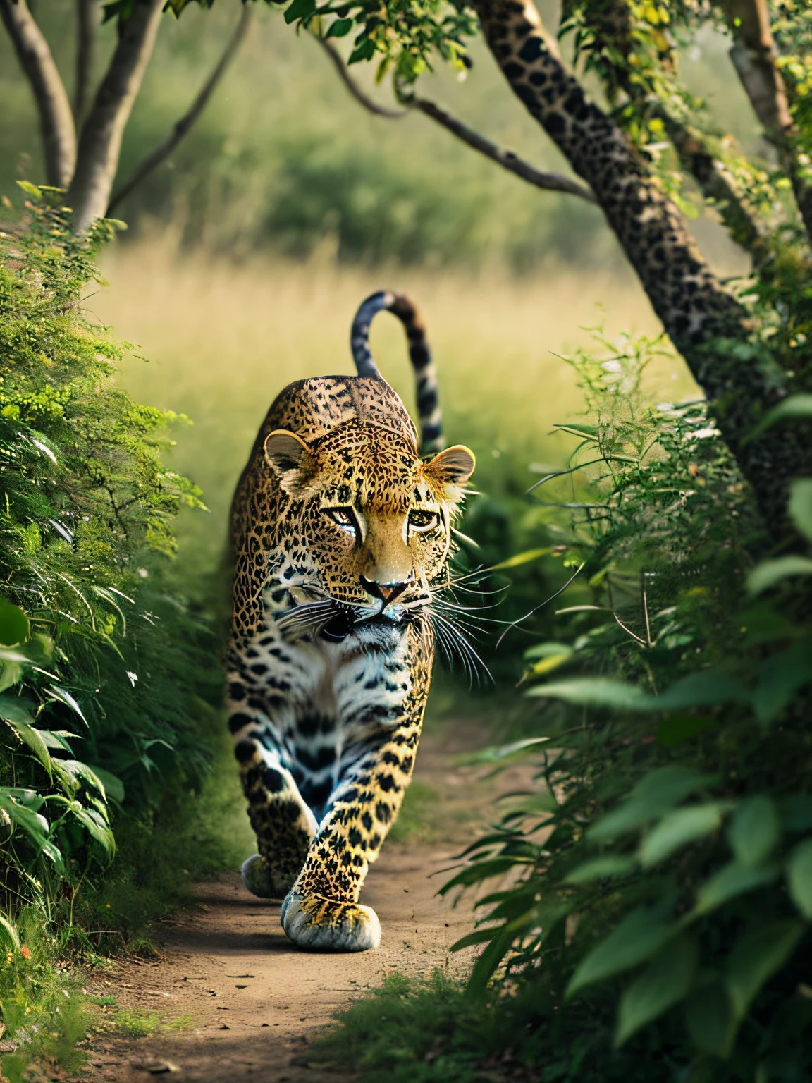 There is a leopard walking through the bushes, 8 K, Art Leopard's hair details are real and delicate