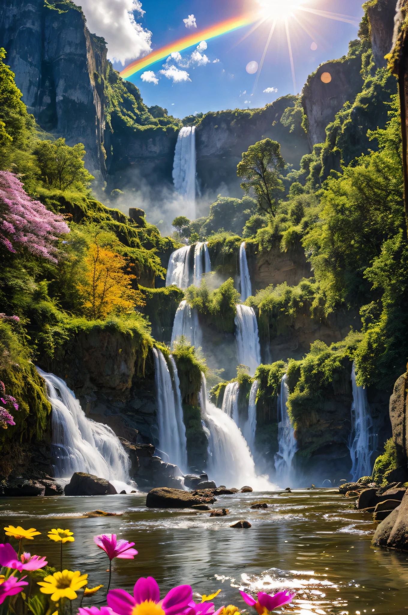 (Big waterfalls) butterflies, unicorn, fantasy, mermaids, forest, cliffs, wildflowers, fairies, hotsprings, Cinematic RAW photo, hyper real photo, ultrarealistic, 8k uhd, dslr, soft lighting, high quality, film grain, Fujifilm XT3, photographed on a Kodak Retina II Sanyo Xacti VPC-CA6, 50mm lens, Wide Angle, Sunrays shine upon it, HDR, hyper-realistic, colorgraded, volumetric lighting, [volumetric fog, moist], shallow depth of field, reflections, photo, deep water floating sparkling splashing rainbows, waves, flowing, glistening, iridescent, rainbow, glimmering, flowers, foam, wet, dripping, splashing, crystal jewels, treasure, steam, water, (masterpiece) (best quality) (detailed) (8k) (HDR) (wallpaper) (cinematic lighting) (sharp focus) (intricate)