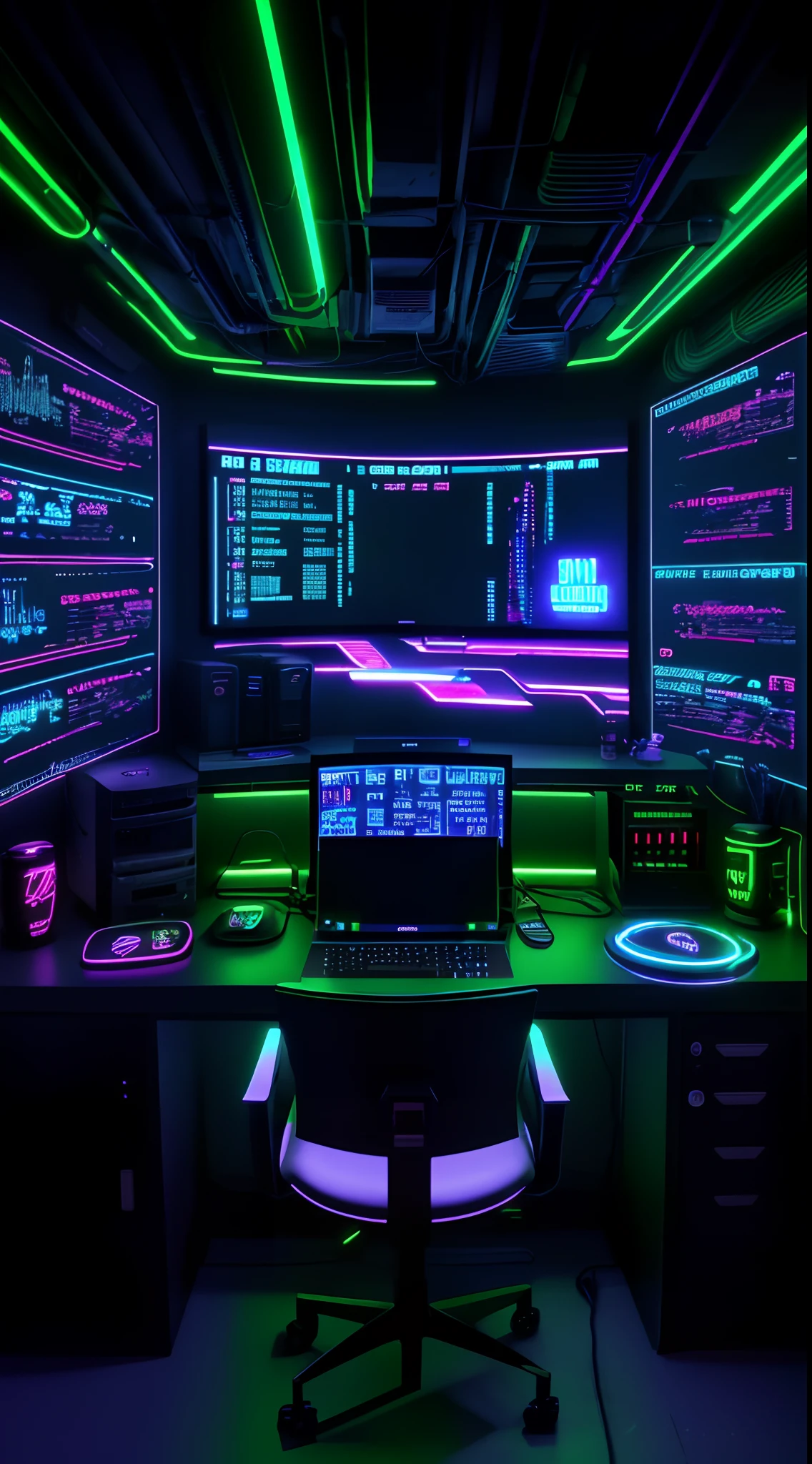 a dimly lit computer desk with multiple monitors and a keyboard, cyberpunk setting, cyber punk setting, cyber neon lighting, cyber space, cyberpunk with neon lighting, cyber neon lights, in a cyberpunk themed room, cyberpunk interior, gamer screen on metallic desk, cyber aesthetic, cyber style, sci-fi computer, cyber background, cyber installation, console and computer