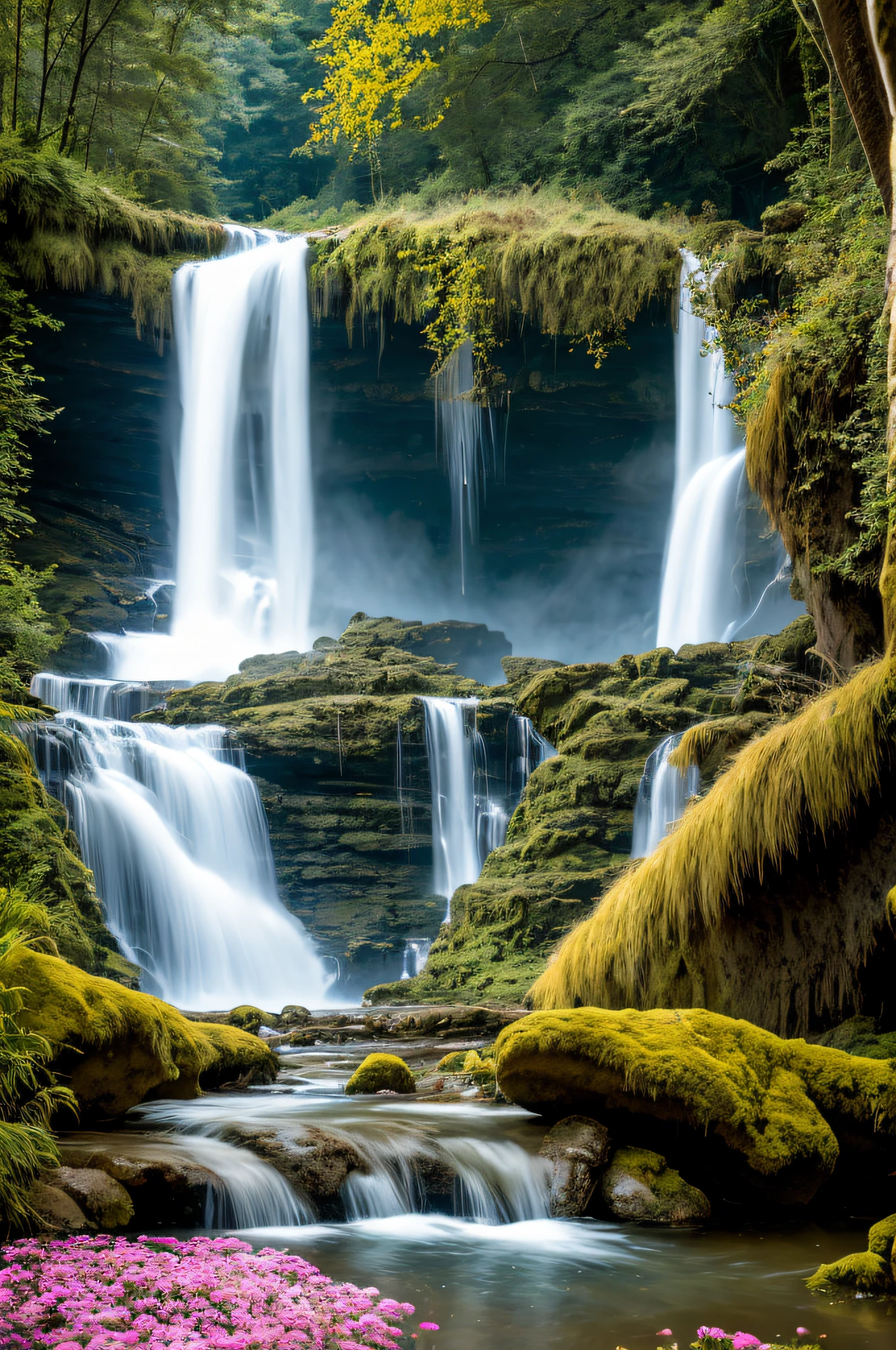 (Big waterfalls) butterflies, unicorn, fantasy, mermaids, forest, cliffs, wildflowers, fairies, hotsprings, Cinematic RAW photo, hyper real photo, ultrarealistic, 8k uhd, dslr, soft lighting, high quality, film grain, Fujifilm XT3, photographed on a Kodak Retina II Sanyo Xacti VPC-CA6, 50mm lens, Wide Angle, Sunrays shine upon it, HDR, hyper-realistic, colorgraded, volumetric lighting, [volumetric fog, moist], shallow depth of field, reflections, photo, deep water floating sparkling splashing rainbows, waves, flowing, glistening, iridescent, rainbow, glimmering, flowers, foam, wet, dripping, splashing, crystal jewels, treasure, steam, water, (masterpiece) (best quality) (detailed) (8k) (HDR) (wallpaper) (cinematic lighting) (sharp focus) (intricate)