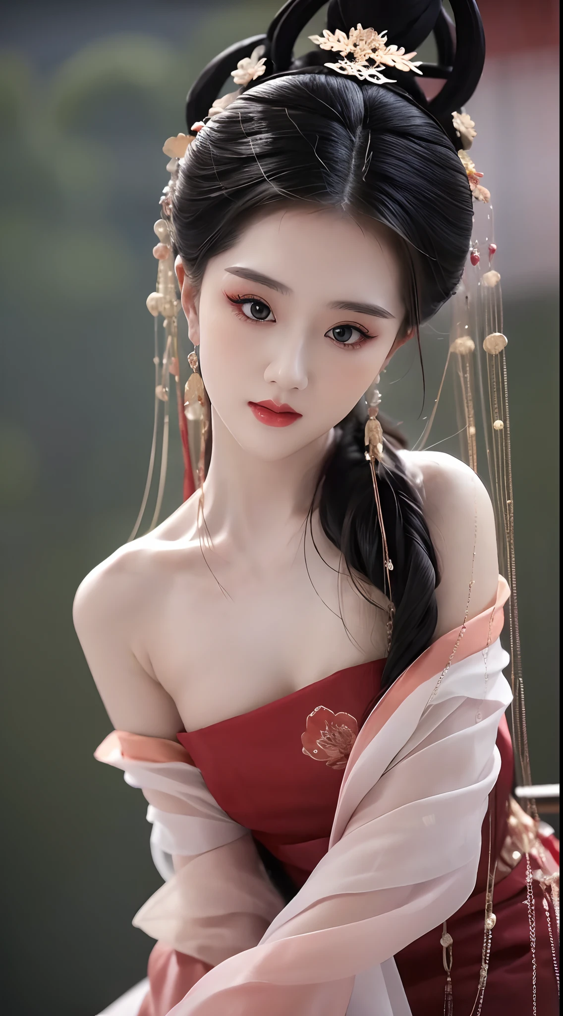 1 beautiful girl, long black hair, black eyes, Ancient Chinese style bun, wearing a thin silk shirt of ancient China, appears shoulders and head in the photo, plump red lips, pout, mouth shut, embarrassed, small face makeup detailed and very beautifull, breast augmentation, ((big blum boobs:1.2)), blush, from front, wear earrings, necklaces, from above, looking at viewer, upturned eyes, masterpiece, top quality, best quality, official art, unity 8k wallpaper, highres, ultra-high res, ultra-detailed, (photorealistic:1.2), alone, solo, Only 1 girl, style hanfu Dunhuang,