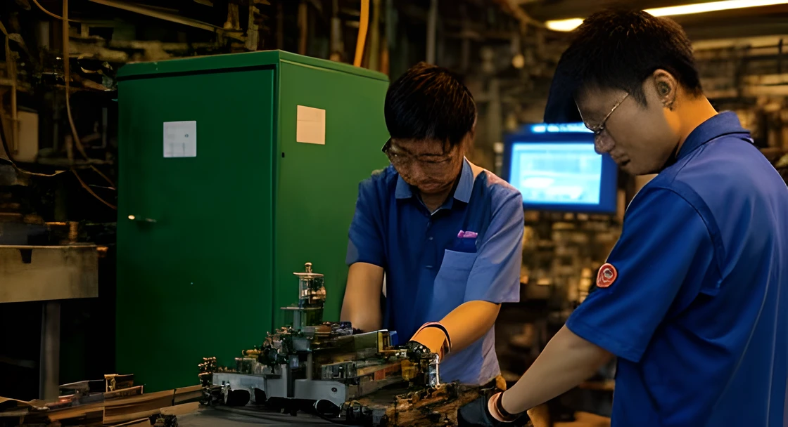 Arafed people working on machines in factories, High precision, Skilled, small manufacture, huifeng huang, highly mechanical, Li Zixin, xiaoguang sun, steve zheng, in the workshop, Qiu Fang, wei wang, xiaolong wang, Mechanic, xiaofan zhang, Advanced technology, guangjian huang