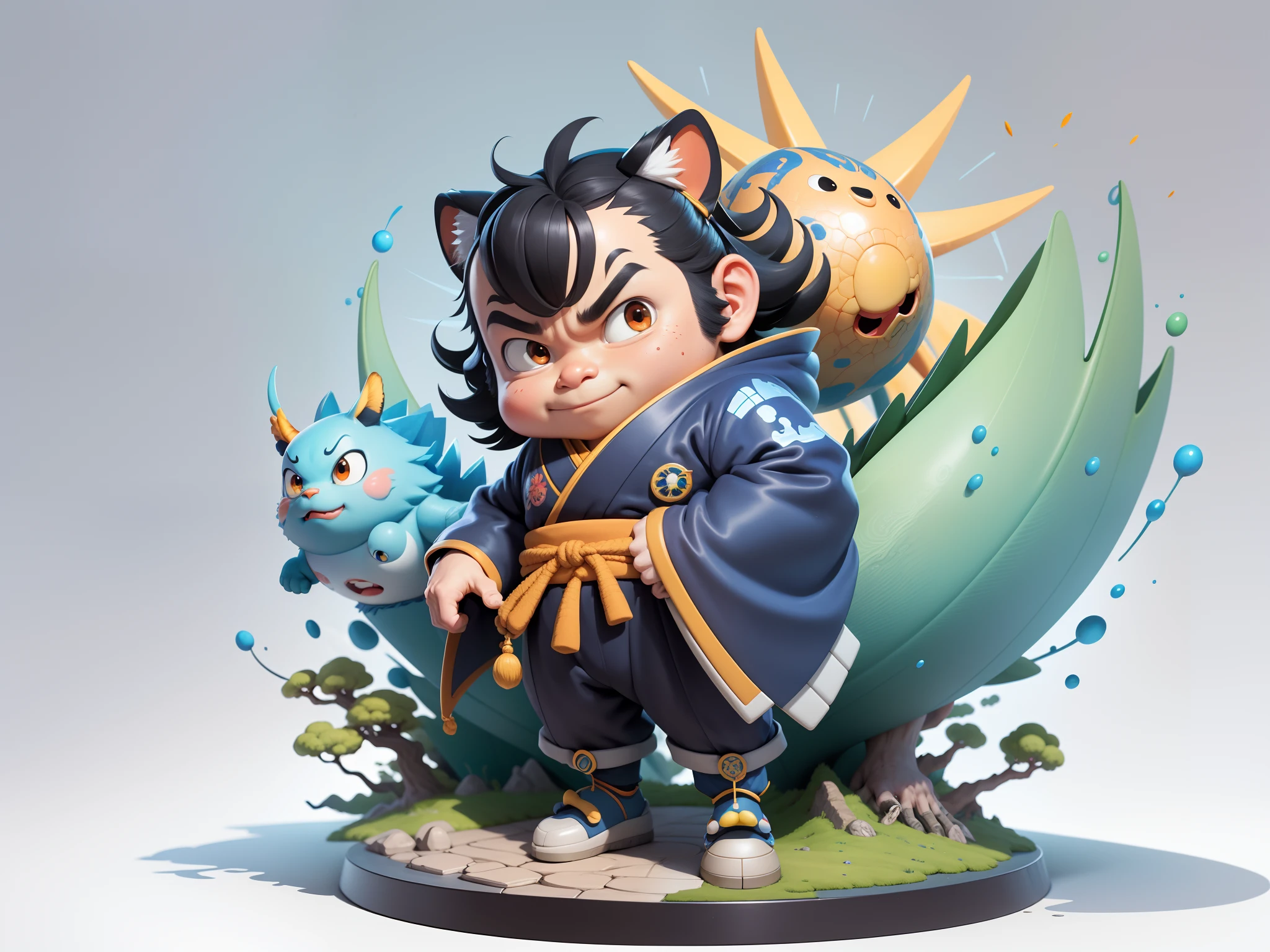 (Masterpiece), (Excellent), (Super Meticulous), (Full Body: 1.2), Super Young Man, Oriental Face, Japanese Kimono, Japanese Wind Thunder God, Dragon, Tiger, TV Anchor, Bust Portrait Illustration, Alone, Black Suit, Blue Tie, Slightly Chubby Face, Very Clean Face, No Beard, Black Super Short Hair, Black Eyes, Confident Smile, 3c Computer Sub-Products, iPad, iPhone, Digital Painting, 3D Character Design by Akira Toriyama and Mark Claireden and Pixar and Hayao Miyazaki, The illustration is a high-definition illustration in 4K resolution with very detailed facial features and cartoon-style visuals.
