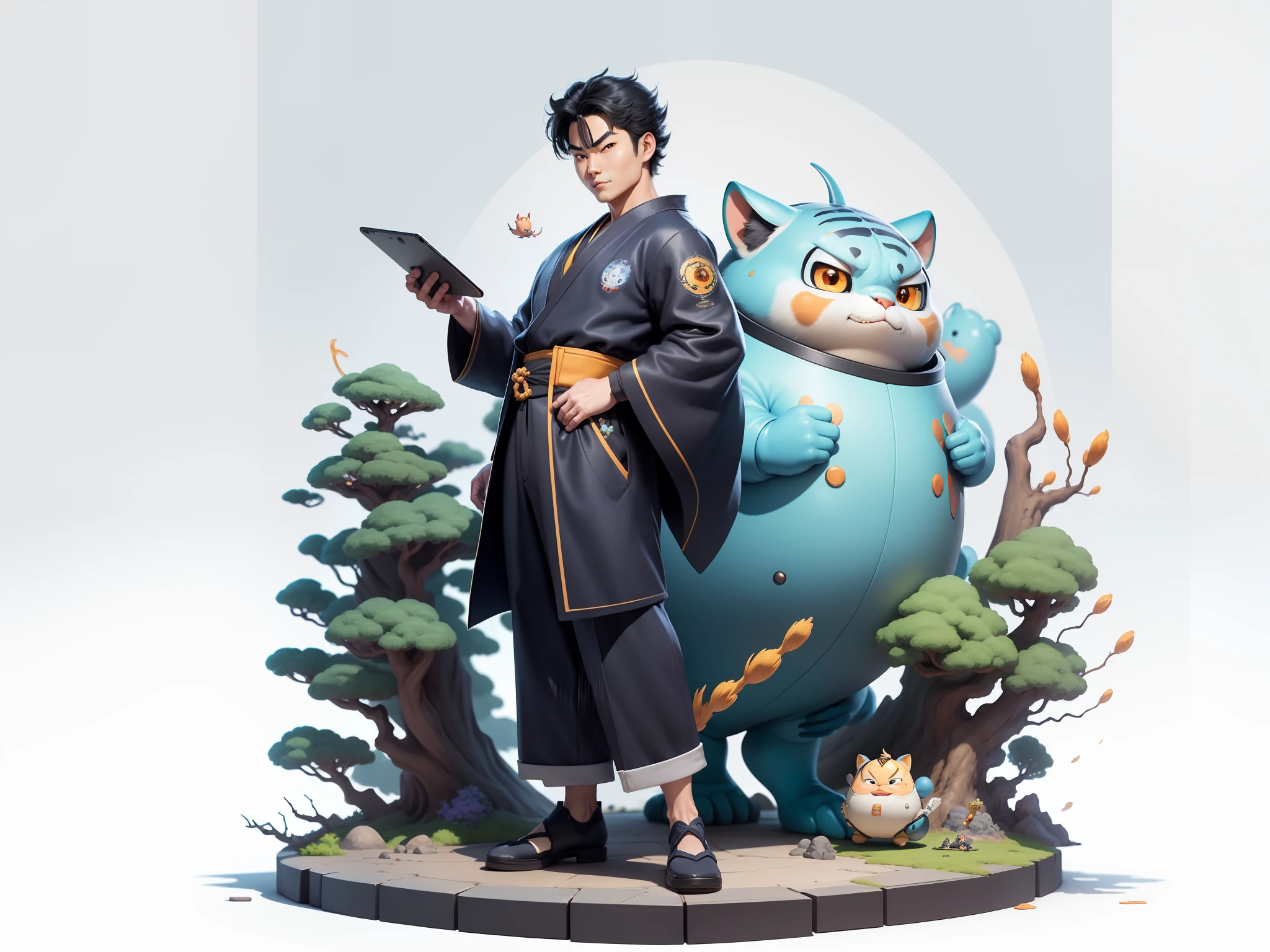 (Masterpiece), (Excellent), (Super Meticulous), (Full Body: 1.2), Super Young Man, Oriental Face, Japanese Kimono, Japanese Wind Thunder God, Dragon, Tiger, TV Anchor, Bust Portrait Illustration, Alone, Black Suit, Blue Tie, Slightly Chubby Face, Very Clean Face, No Beard, Black Super Short Hair, Black Eyes, Confident Smile, 3c Computer Sub-Products, iPad, iPhone, Digital Painting, 3D Character Design by Akira Toriyama and Mark Claireden and Pixar and Hayao Miyazaki, The illustration is a high-definition illustration in 4K resolution with very detailed facial features and cartoon-style visuals.