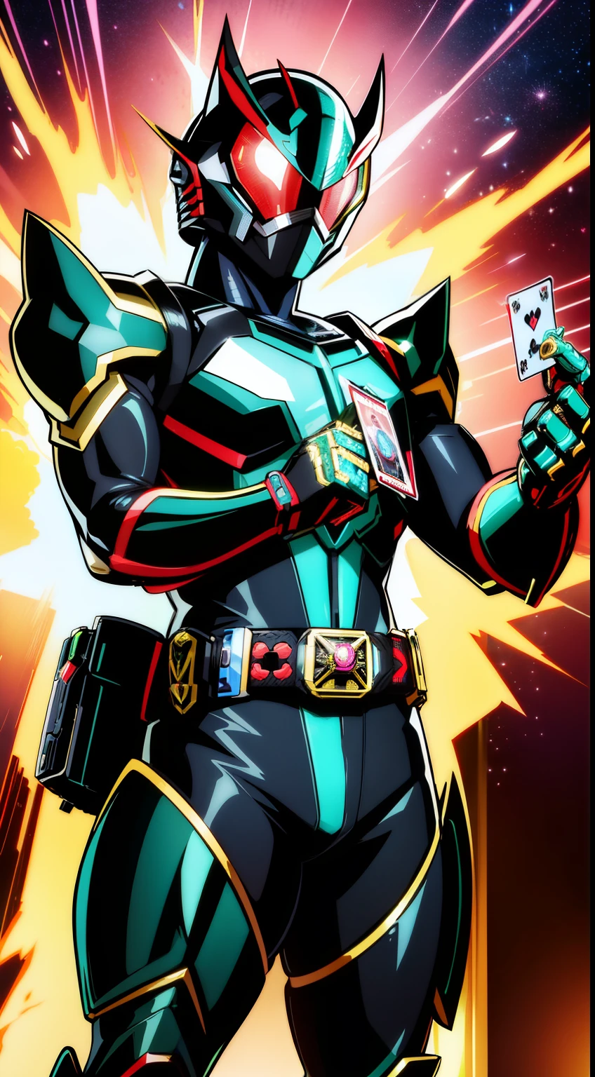 8K、Crisp Contours、soio、cyberpunked、near future、Mechanic Hero、superhero、Hero Suit、tokusatsu hero、Kamen Rider、rifle、Heisei Rider、Reiwa Rider、Transformation Belt、The transformation belt has a card insert.、Kamen Rider transforming with cards、Mechanic helmet、Mechanical Armor、stylish、action、full bodyesbian、From head to toe、Make your transformation belt stand out、Possession of the card holder、Pose holding a card、Large compound eyes、Two tactile sensations、Jagged jaw parts、Full-face helmet、Eyes and belt are shining、Kamen Rider cards scattered in the background、The motif is grasshopper、