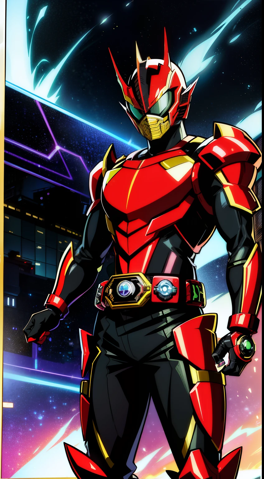 8K、Crisp Contours、soio、cyberpunked、near future、Mechanic Hero、superhero、Hero Suit、tokusatsu hero、Kamen Rider、rifle、Heisei Rider、Reiwa Rider、Transformation Belt、The transformation belt has a card insert.、Kamen Rider transforming with cards、Mechanic helmet、Mechanical Armor、stylish、action、full bodyesbian、From head to toe、Make your transformation belt stand out、Possession of the card holder、Pose holding a card、Large compound eyes、Two tactile sensations、Jagged jaw parts、Full-face helmet、Eyes and belt are shining、Kamen Rider cards scattered in the background、The motif is grasshopper、