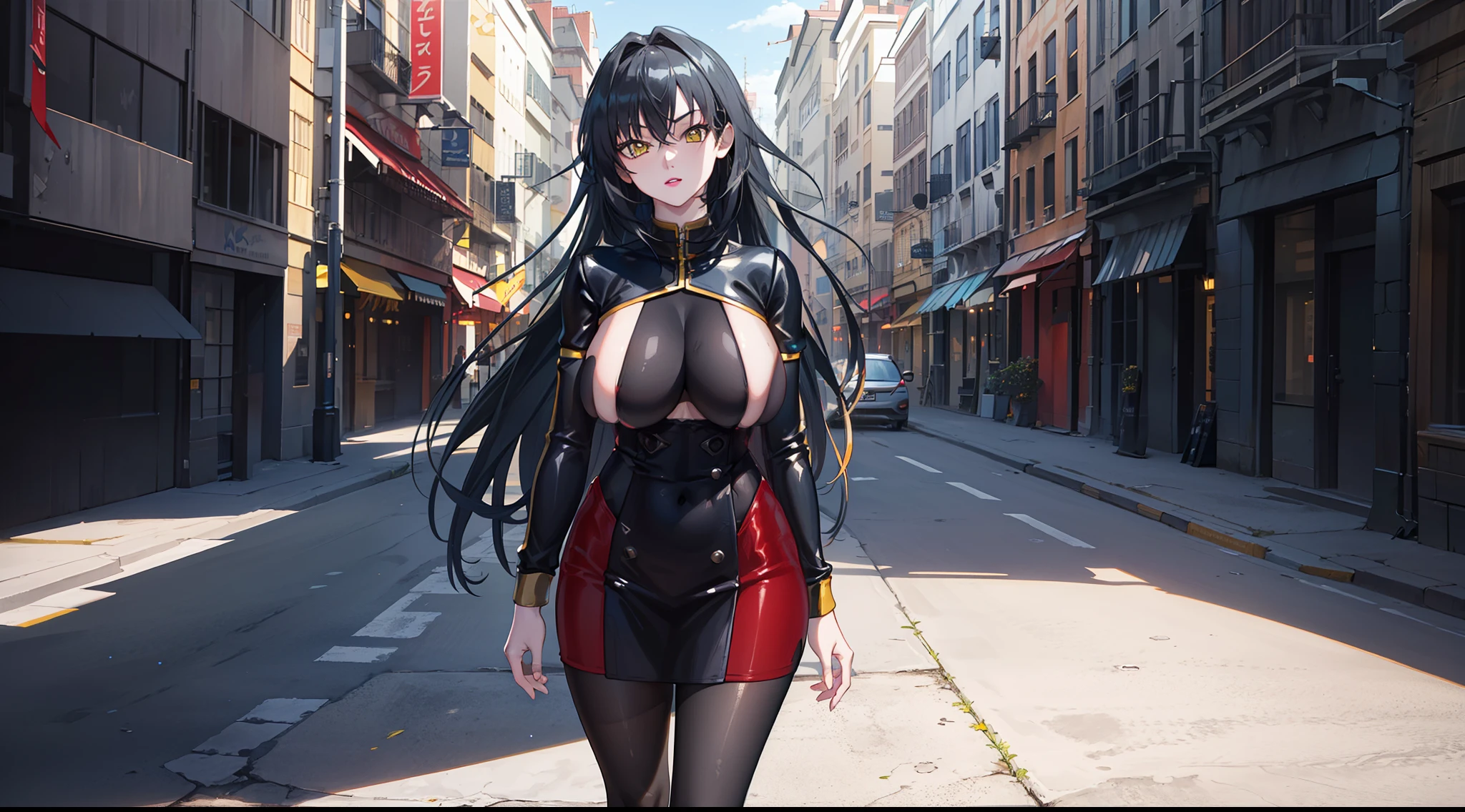 professional artwork, Intricate Details, field of view, sharp focus, detailed painting, photorealistic lighting, trending on pixiv, Standing at attention, black outfit ,yellow collared shirt,black and red bodysuit,skin_tight,black legwear, black pantyhose, Side_boob, black hair,very long hair, Bangs,yellow eyes,makeup, lipstick, 20yo,mature female,Beautiful Finger,Beautiful long legs,Beautiful body,Beautiful Nose,Beautiful character design, perfect eyes, perfect face, looking at viewer,official art,extremely detailed CG unreal engine 8k wallpaper, perfect lighting,Colorful, Bright_Front_face_Lighting, (masterpiece:1.0),(best_quality:1.0), ultra high res,4K,ultra-detailed, photography, 8K, HDR, highres, absurdres:1.2, Kodak portra 400, film grain, blurry background, (Beautiful,large_Breasts:1.4), (beautiful_face:1.5),(narrow_waist), (solo:1.4), ((landscape dimension)), rich detailed makeup, rich detailed eyeshadow, rich detailed lips, rich detailed lipstick