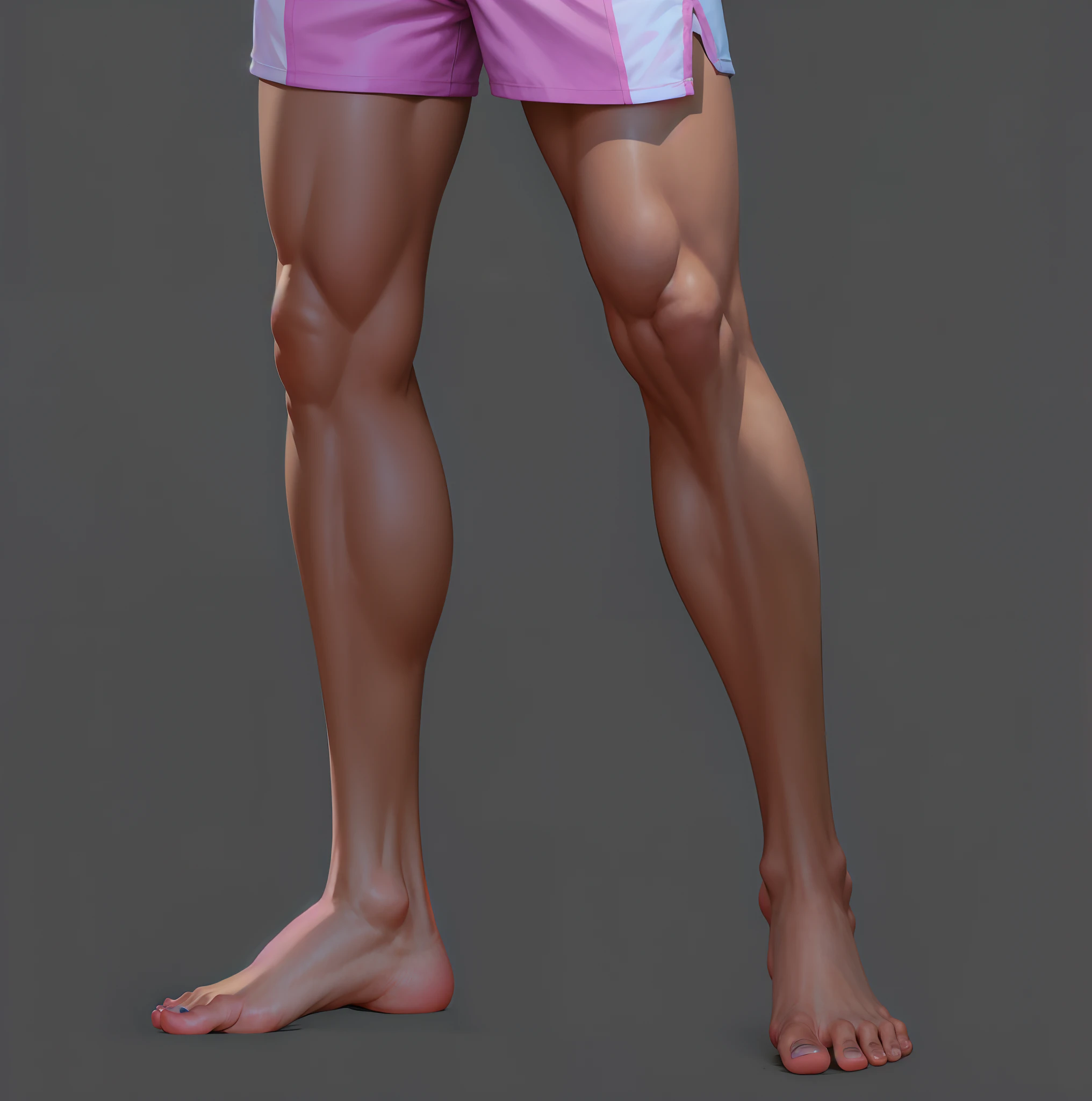 Close-up of a man in a pink and blue shirt and shorts, Detailed legs, Muscular legs, detailed legs towering over you, Highly detailed body, Muscular thighs, whole body highly detailed, Head, torso, legs and feet, detailed legs looming over you, realistic shaded perfect anatomy, realistic body structure, photorealistic perfect body, realistic flesh texture, Realistic body, highly detailed character, Ultra-fine toes, Thigh details