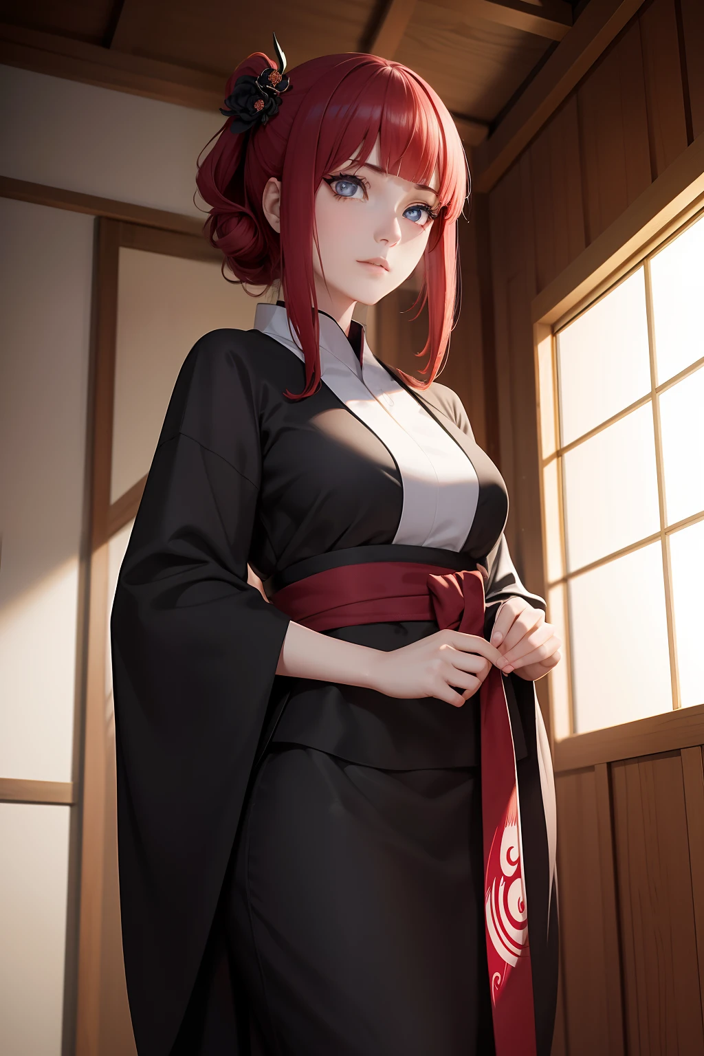 Yuki possesses a slender and athletic body, with harmonious proportions. Her height of 170 cm makes her stand out from the crowd, while his weight of 60 kg shows his healthy physical form. Its bone structure is elegant and well defined, with proportional limbs and an upright posture that conveys confidence and determination.
Her short hair in scarlet-red color is a real highlight. Os fios brilhantes e sedosos caem ao redor de seu rosto, providing a unique frame for your expression. The intense red evokes passion and energy, while the scarlet hue adds a touch of mystery and sophistication. Each wick is carefully styled, ressaltando os contornos de seu rosto e acentuando sua beleza natural.
Yuki's eyes are one of her most striking features. She inherited the legendary Byakugan from the Hyuuga clan, and their eyes exhibit this unique characteristic. With a luminous white iris and a comma-shaped pupil, seus olhos emanam uma aura especial. They are penetrating and insightful, allowing her to see beyond what is visible to most people. These eyes are a symbol of your heritage and special abilities.
As for his dress, Yuki opta por um yukata preto com detalhes vermelhos. The yukata is a traditional Japanese garment, usually used on special occasions. The contrast between black and red adds a touch of elegance and balance to your look. O yukata envolve seu corpo de forma fluida, destacando suas curvas suaves e sua postura imponente.