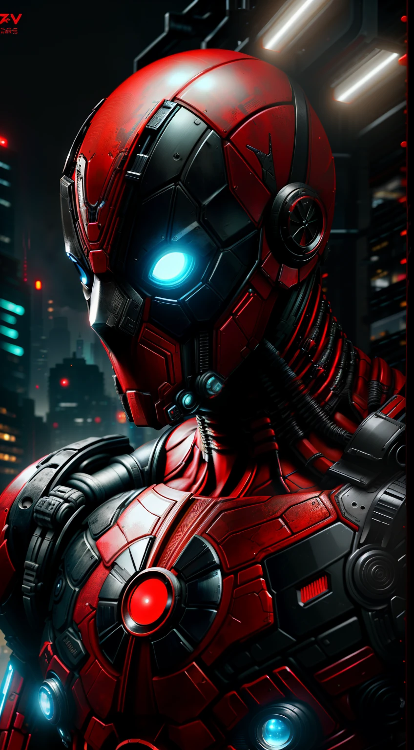 Deadpool from Marvel photography, biomechanics, complex robot, red, full growth, full body, hyper-realistic, crazy little details, incredibly clean lines, cyberpunk aesthetic, masterpiece featured on Zbrush Central, cyberpunk city backdrop