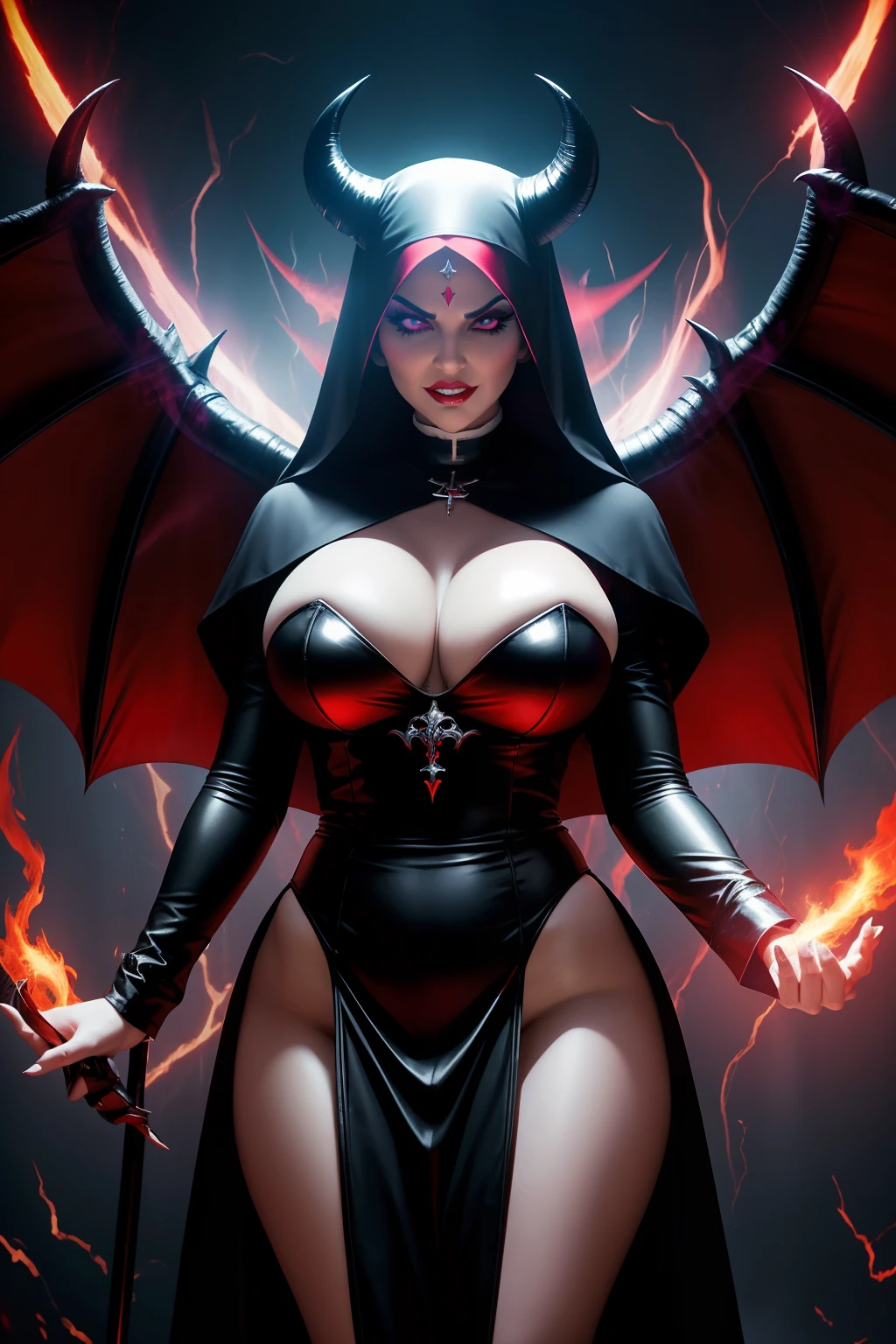 Romi Rain : The evil nun, Demon horn, Demon wings on the head , an evil red glow emanating from her, his hands preparing a purple ball of fire, diabolique, insidieux, Context of the Satanic Church