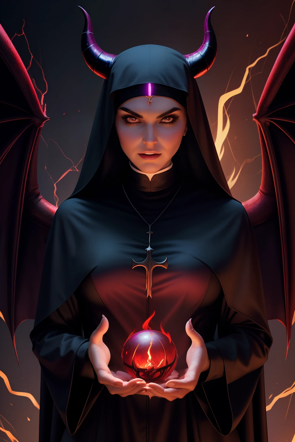 Romi Rain : The evil nun, Demon horn, Demon wings on the head , an evil red glow emanating from her, his hands preparing a purple ball of fire, diabolique, insidieux, Context of the Satanic Church