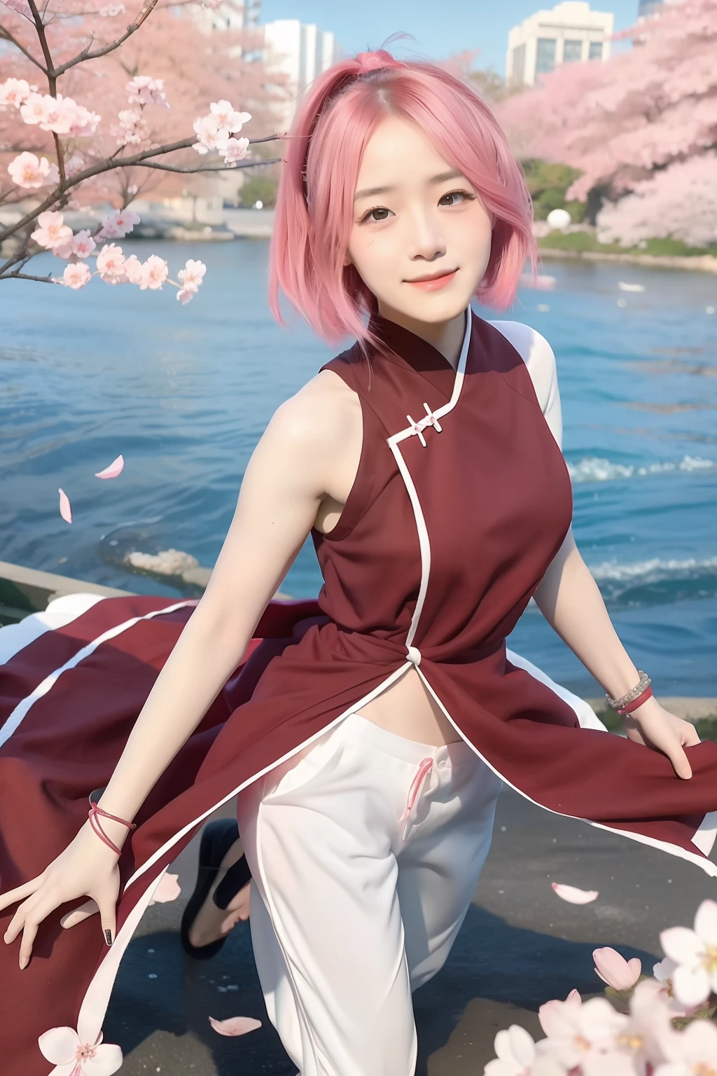 Sakura uchiha. A woman was at the cherry blossom garden. She was seen jumping in her red kimono. And white pants. She was seen wearing bracelets on her hands. Her hair was short pink and unattached. The bottom of the kimono got pushed out. His skin was white. He blinked one eye. He looked at the camera and laughed. She looks so beautiful and realistic