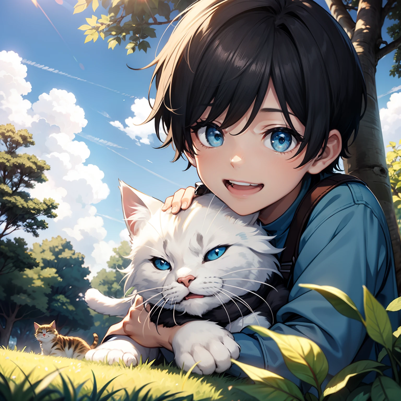 with blue sky and white clouds,Laughing boy holding a cat under a tree,Close-up