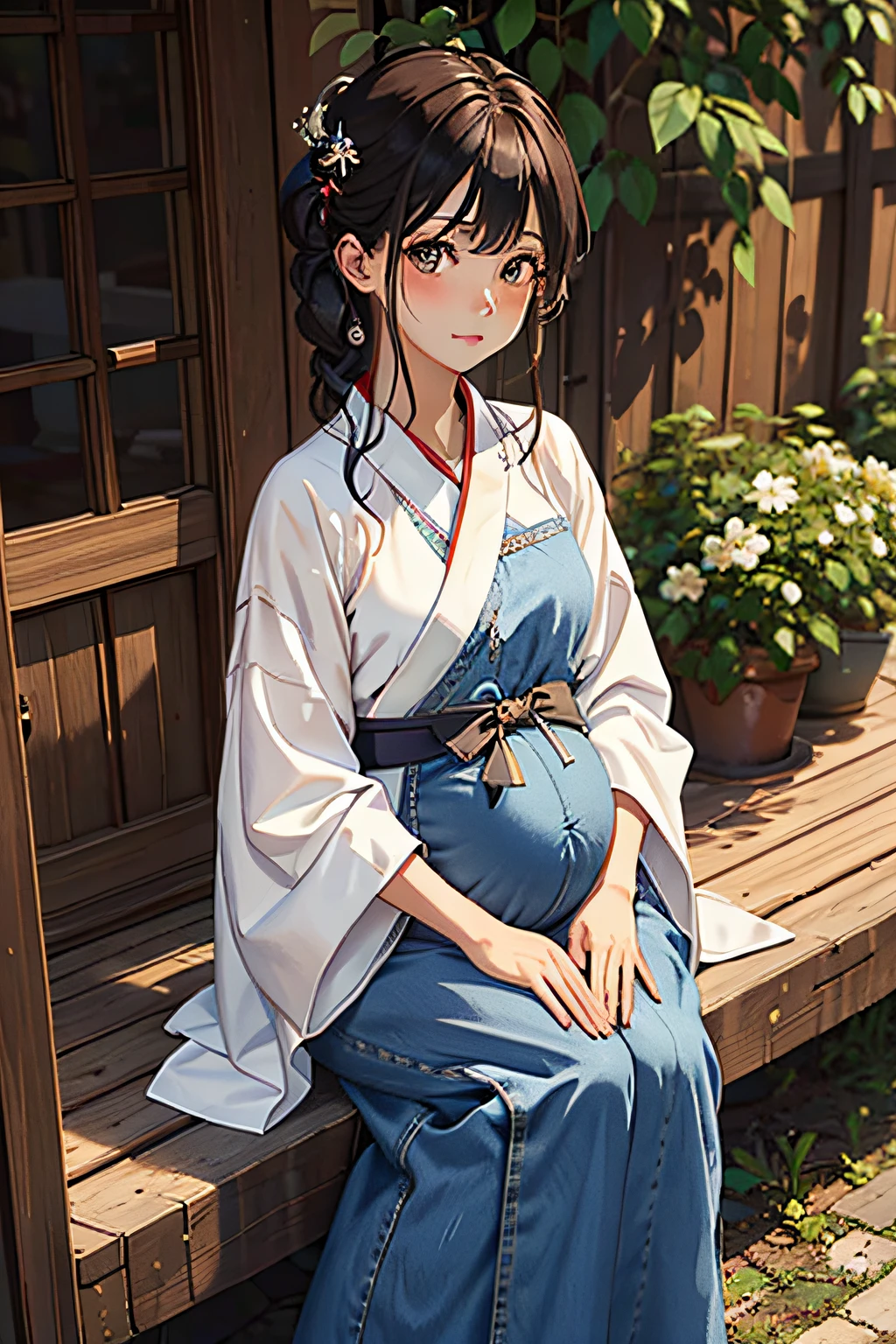 (master part, best quality: 1.2), tiro de jeans, sozinho, Foco Feminino, 1 pregnant girl, calm expression, olhos encantadores, Cabelos lisos marrons (Hanfu, estilo ming), (fundo cida moderna), porcelain-like skin, blush sutil