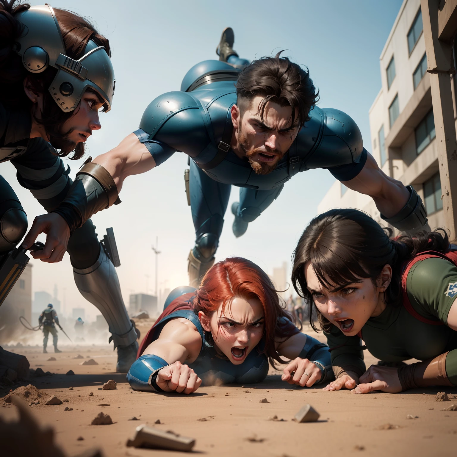 The heroes beat the bad guys, who are defeated on the ground.]