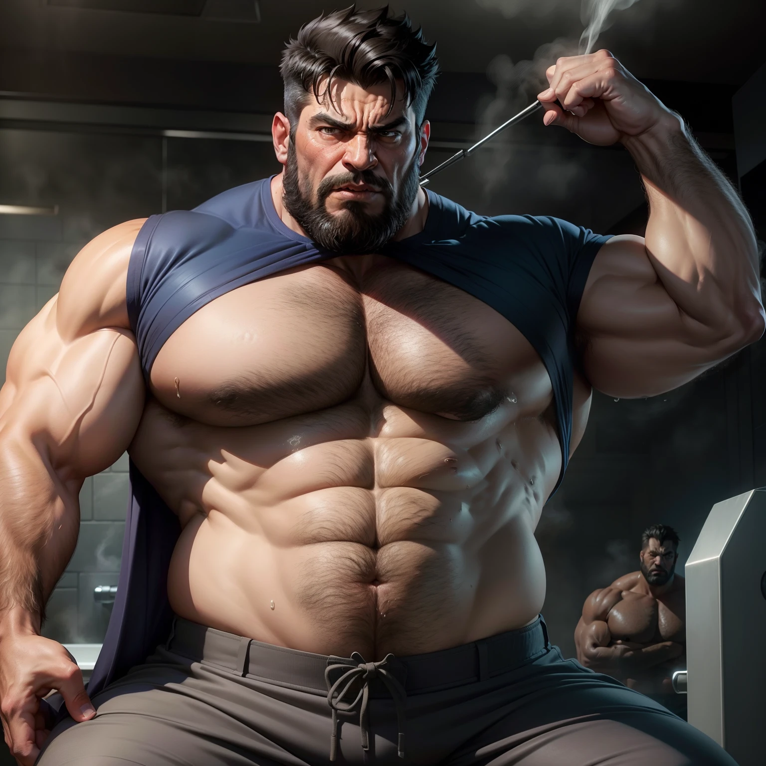 Uncle Banner the Hulk in the Avengers，Male uncle，A little bearded，Strong body，big breasts slightly fat，Short black hair，Bare upper body，Wearing a blue striped tie，The lower body wears black trousers，There is chest hair，Sit in the steam room，Spread your legs，Sweaty face，Covered in sweat，The expression is shy