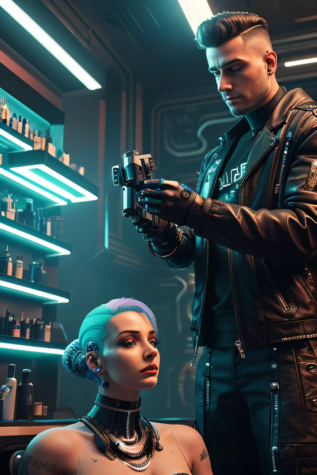 cyberpunk barber with robotic body cutting an alien's hair, behind them is a futuristic barbershop scene behind them with different alien species