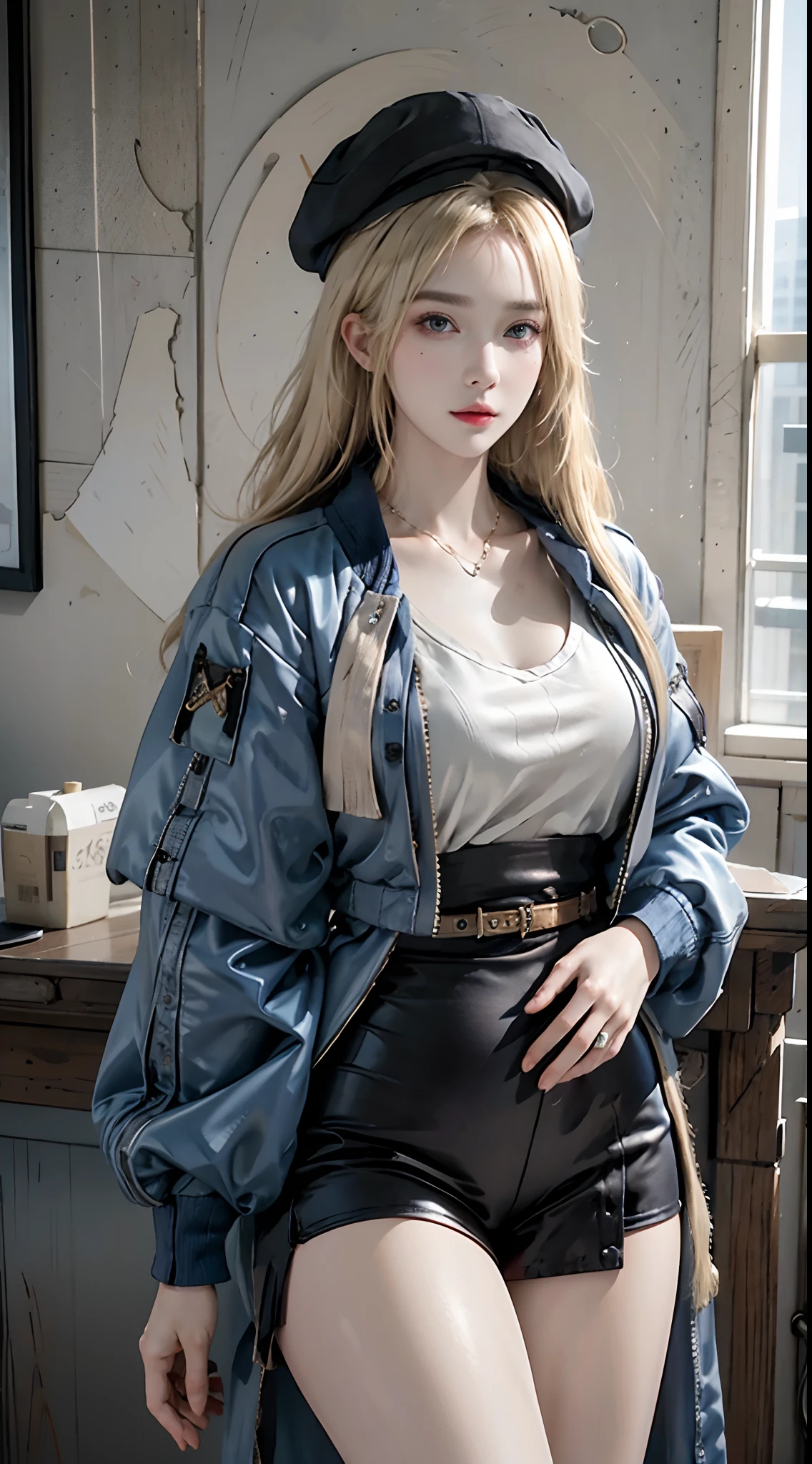 photorealistic, high resolution, 1women, solo, hips up, look at viewer, (detailed face), blonde hair, hat, blue jacket,eyewear on head, tattoo