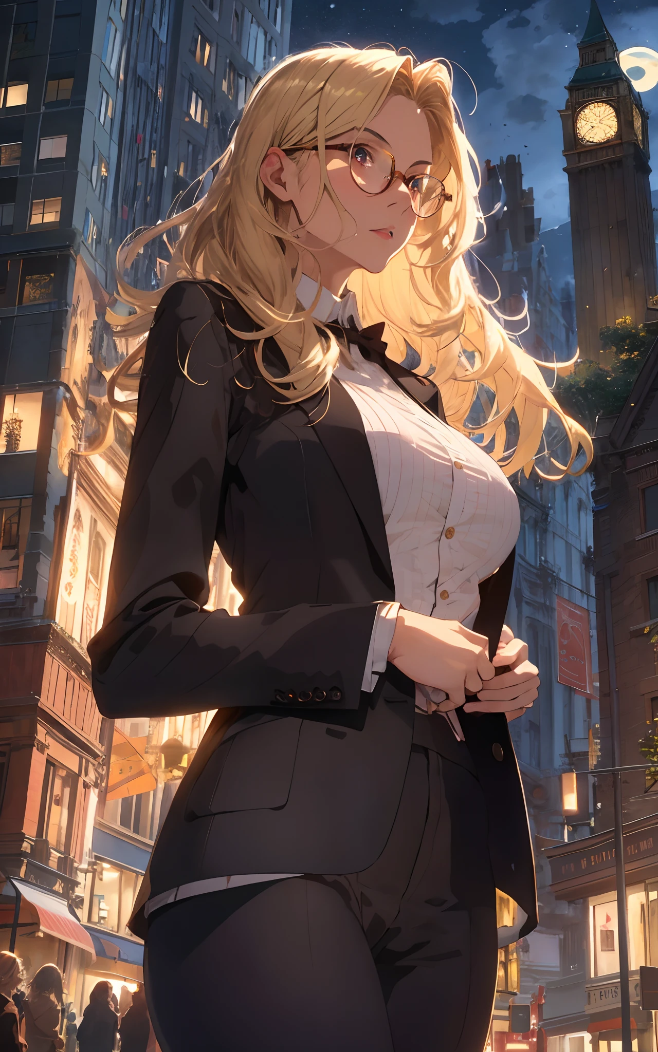 masterpiece, best detail ,(distinct_image), extreme cg,
delicate beautiful woman, (large breast, blond hair, glasses, dressing suit ),looking looking up from intersection,
building, decollate skyscraper, tower, clock tower, stacking, skyline,
from behind, from below, upper body,
cloudy night sky, moonlight, cold lighting