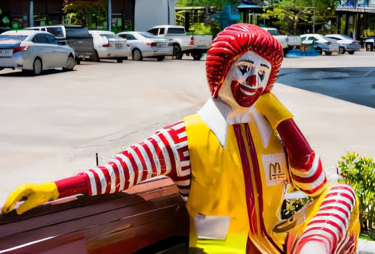 Araffe sitting on a bench in a parking lot next to a building, Bild von Ronald McDonald, Ronald McDonald, Rotes Ronald McDonald unordentliches Haar, Rotes Ronald McDonald Haar, Mcdonald, mc donalds, Rote Ronald McDonald Frisur, Ronald McDonald als Muppet, McDonalds (Disambiguation), Arbeiten bei McDonalds, inspiriert von Ronald Rae, Jetzt bei McDonalds, McDonalds Restaurant, Kapitalistischer Clown