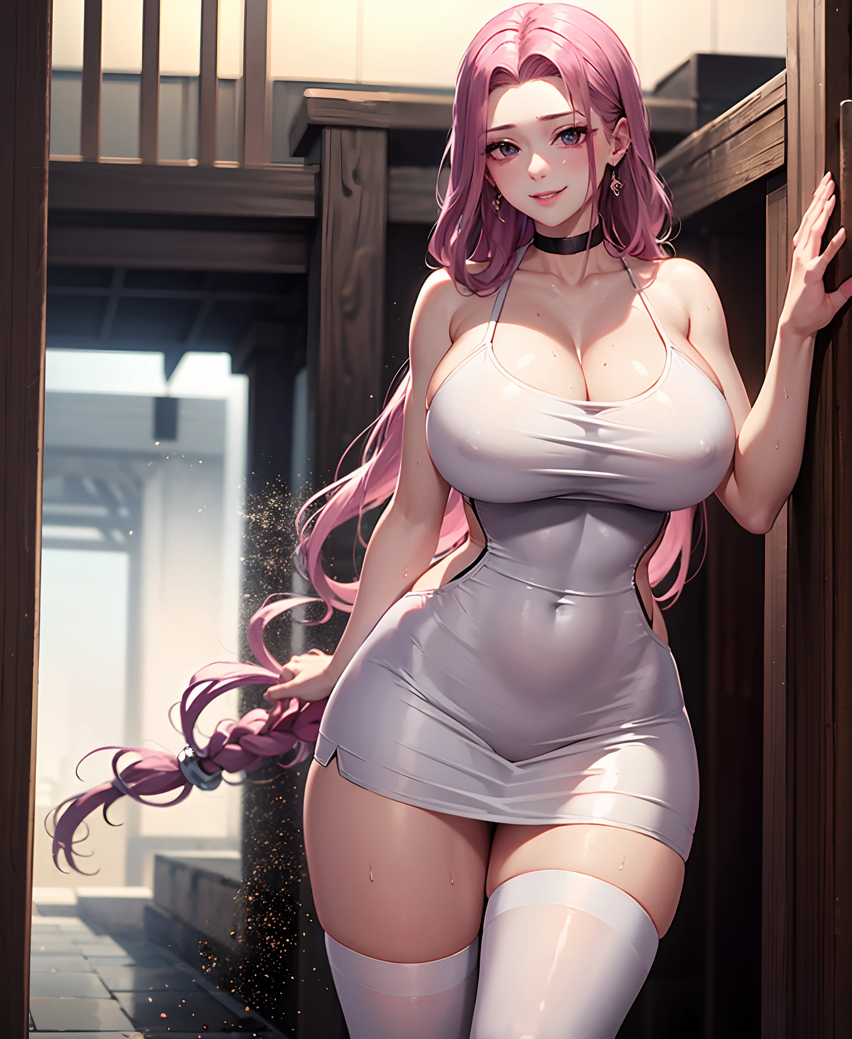 A large amount of transparent liquid spills,(8K,tmasterpiece:1.2),(Hyper-detailing,Raised sexy),(Smile with:1.1),((wavy white long hair):1.3,beatiful detailed eyes,large black eyes,Perfect proportions,eyes with brightness,Light makeup,choker necklace,ear jewelry,Pink and moist lips),1 sexy mature woman with big breasts,Take a walk on the lively streets,wavy white long hair,With stylish frameless eyes, apron,a large amount of fluid is overflowing,Sweat soaked her hair and clothes,(perfect eyes)Her figure is very sexy,gigantic cleavage breasts,Heavy breasts,Fitness buttocks,Fabric covers the breasts,White silk tulle,Stretch meat,Fair and moisturized skin,Be dignified and religious),(The atmosphere is ambiguous,misty background,a fairy world:1.2),a large amount of fluid is overflowing