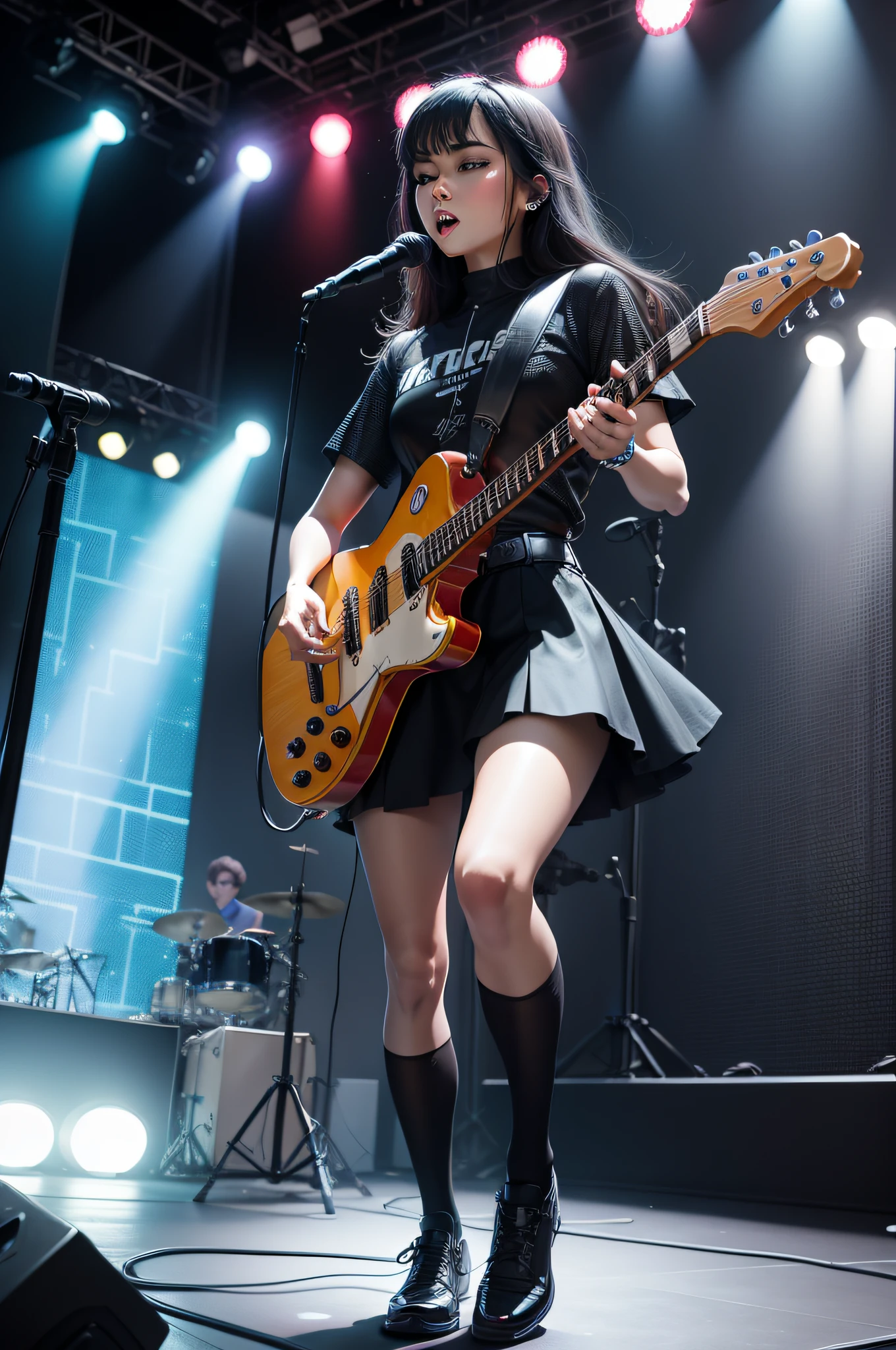 Performing on stage 8k four-piece band neon two-dimensional cool super high quality HD guitar singing modern handsome