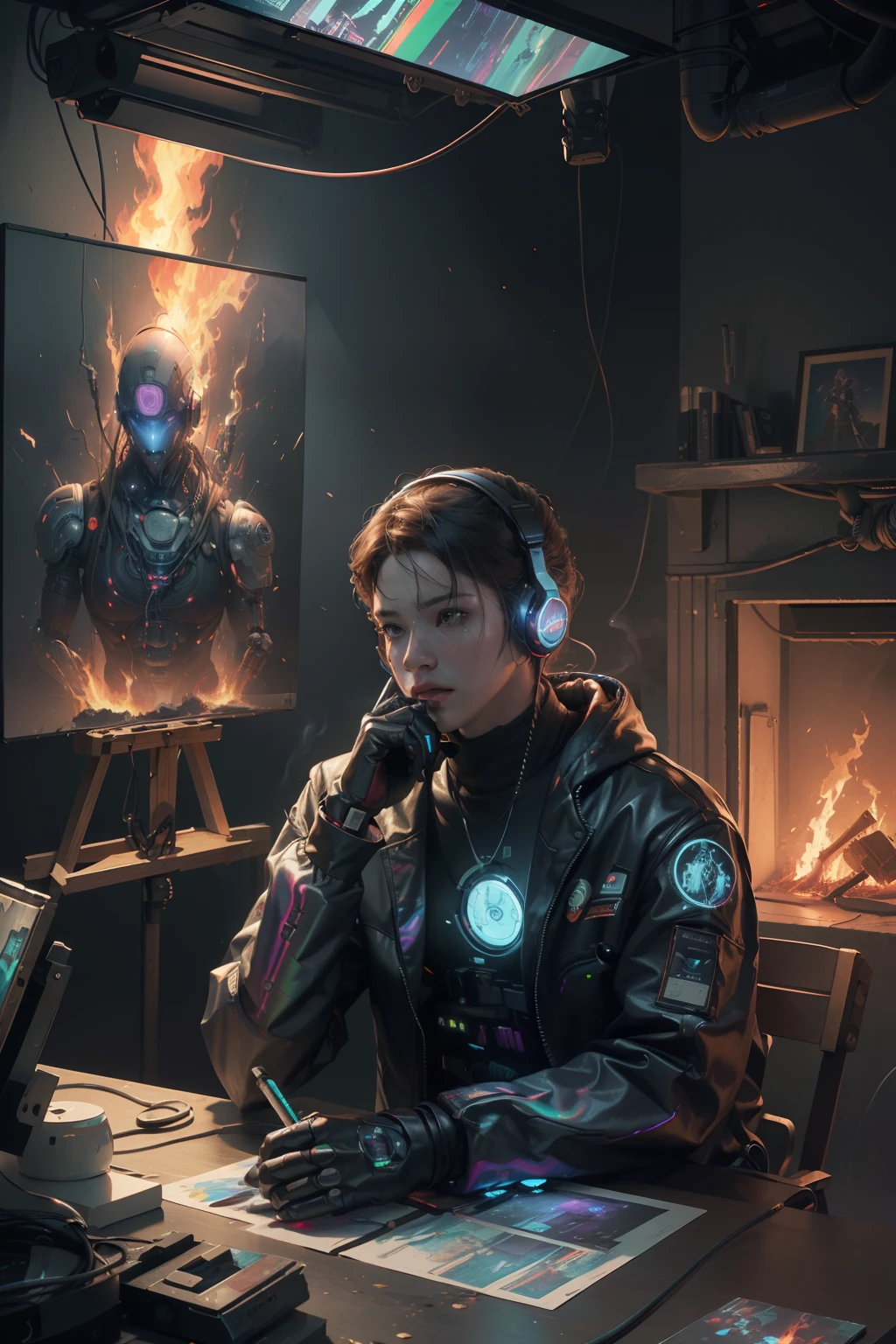 (Masterpiece, Best Quality, High Resolution, Absurd, Detailed: 1.2), Humanoid, Robot, Wearing Headphones, Looking Away, (Cyberpunk, Art Canvas, Brush, Easel, Rainbow Colors, Holographic: 1.6), Male, (Cable, Wire, Flame, Fire, Smoke, Overheating, Explosion, Indoor, Room, Simple Background)