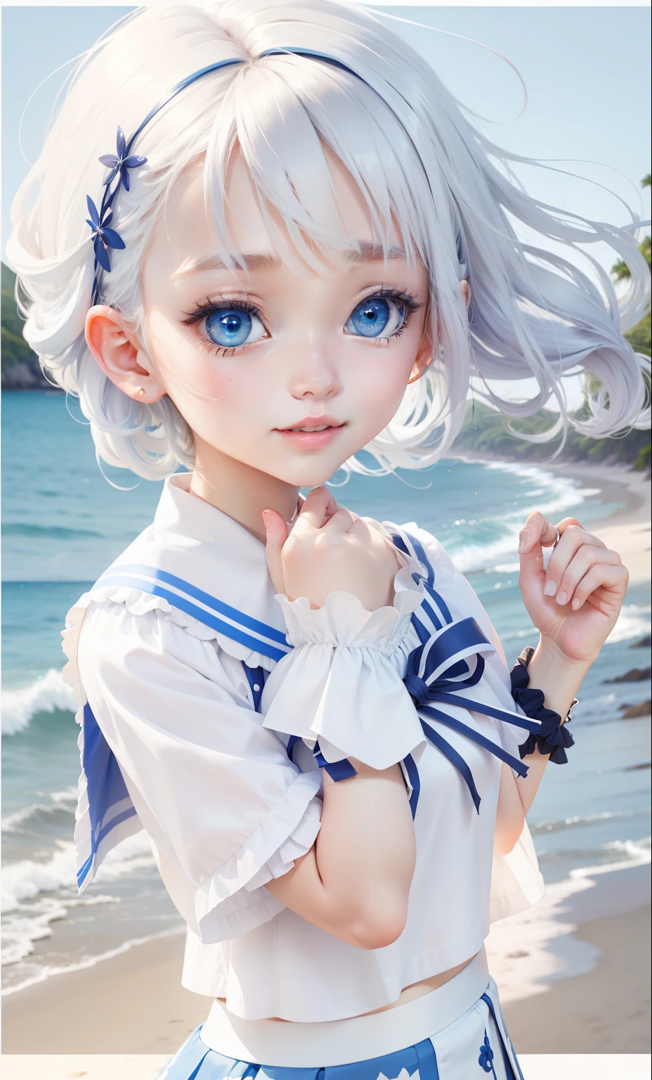 beachside，tmasterpiece，Blue sea，Blue sky，teens girl，Blue and white pleated skirt，White hair，largeeyes，ssmile。
