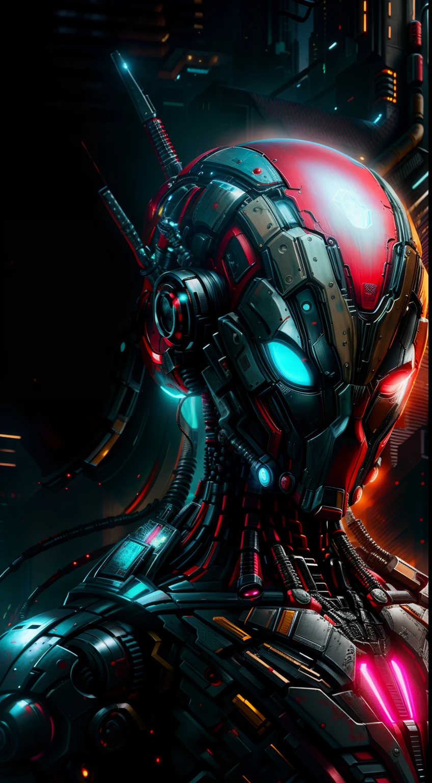 Deadpool from Marvel photography, biomechanics, complex robot, red, full growth, full body, hyper-realistic, crazy little details, incredibly clean lines, cyberpunk aesthetic, masterpiece featured on Zbrush Central, cyberpunk city backdrop