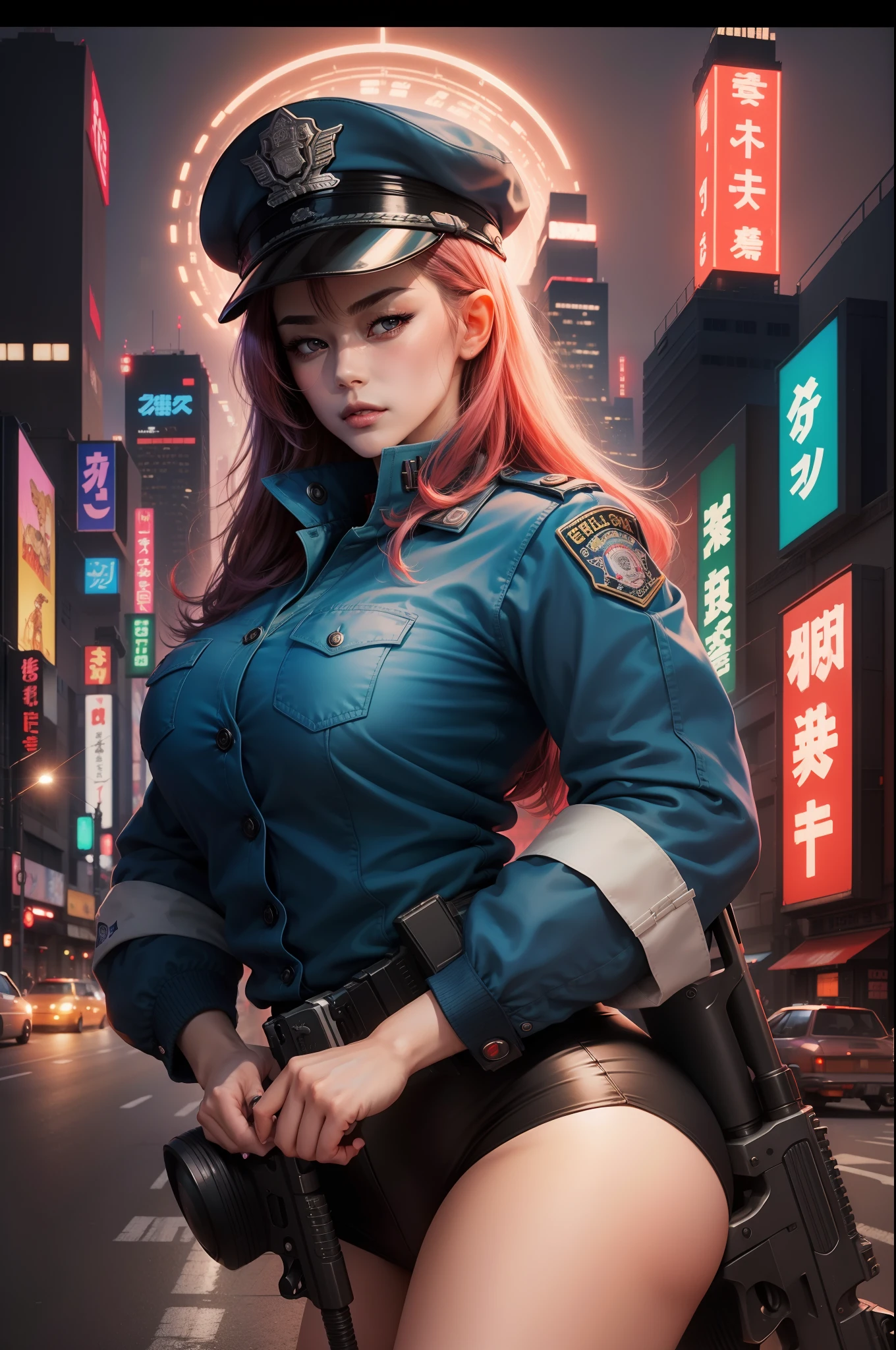 there is a poster of a NY policewoman pointing a gun at viewer, japanese vhs cover art, 1987 video game boxart, japanese 1 9 8 0's album cover, movie poster for timecop academy, cop hat on the head, video game cover art, 8 0 s game box art, front cover of a new video game, shusei nagaoka, neo-tokyo, 1girl, portrait, close shot, brooklin bridge, two towers, nightime, red light behind the camera,