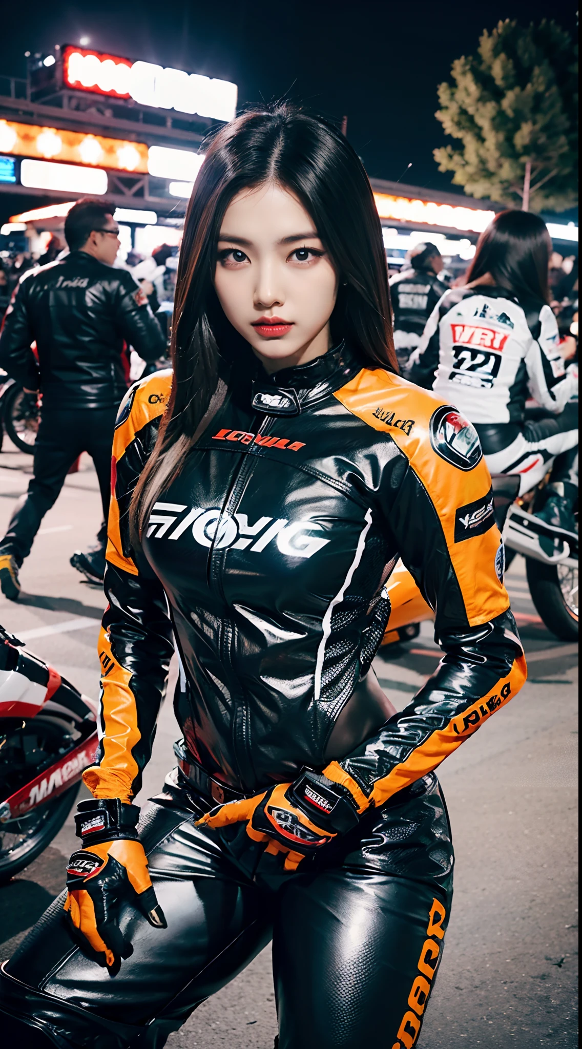 A woman with long hair，Wear motorcycle clothing，Racing Wear，Riding on a motorcycle，locomotive，Racing motorcycles，Handsome