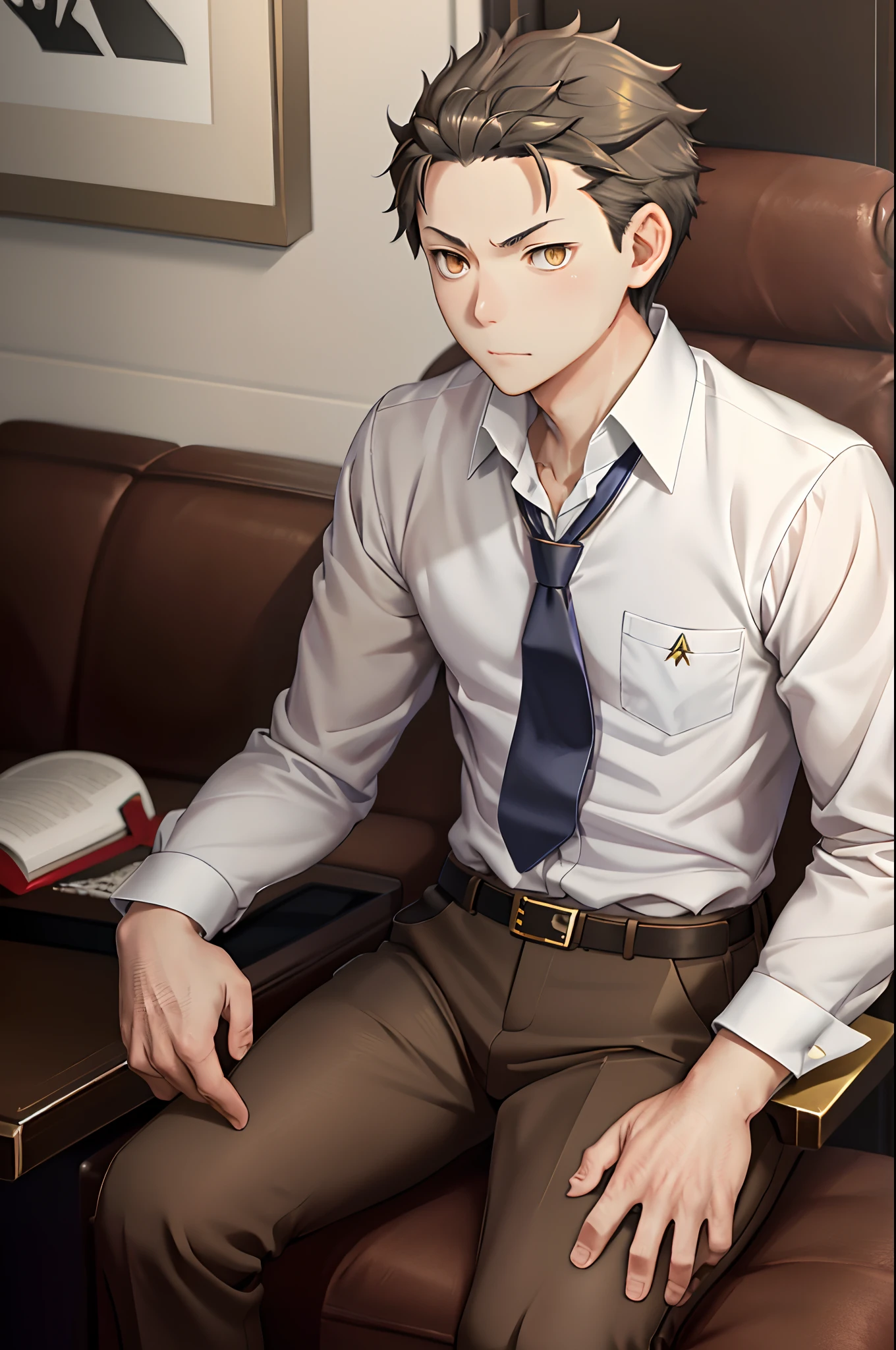 (1 Adult male),A high resolution, Sharp focus, Pixiv masterpiece, ((Complicated details)), highly detailed, natsuki_subaru, 1 man, sit astride,full bodyesbian, Golden eyes(eyes glowing), with short golden hair,white shirt,Wear a tie,Wear a belt,perspire,look from down