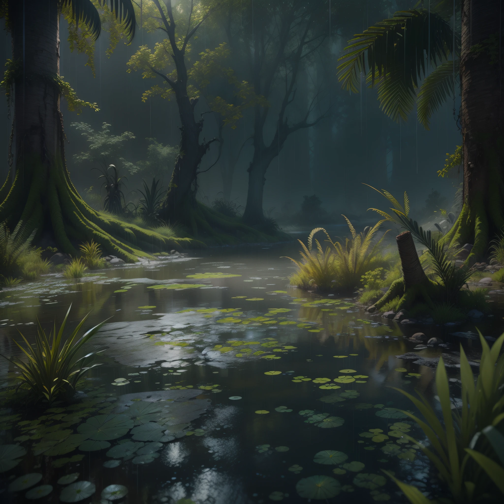 swamp, rain, vray style, intricate detail, vivid, vibrant, sharp, digital illustration, dynamic lighting, composition, insane quality, masterpiece. intricate, insanely detailed, Unreal engine 5 rendering, ultra realistic, high sampling, high pixel count, extreme details, AAA level, cinematic lighting, volumetric lighting, global illumination, octane render, vray tracing, expensive commercial retouching, commercial post production, post processing, hdr, 32k