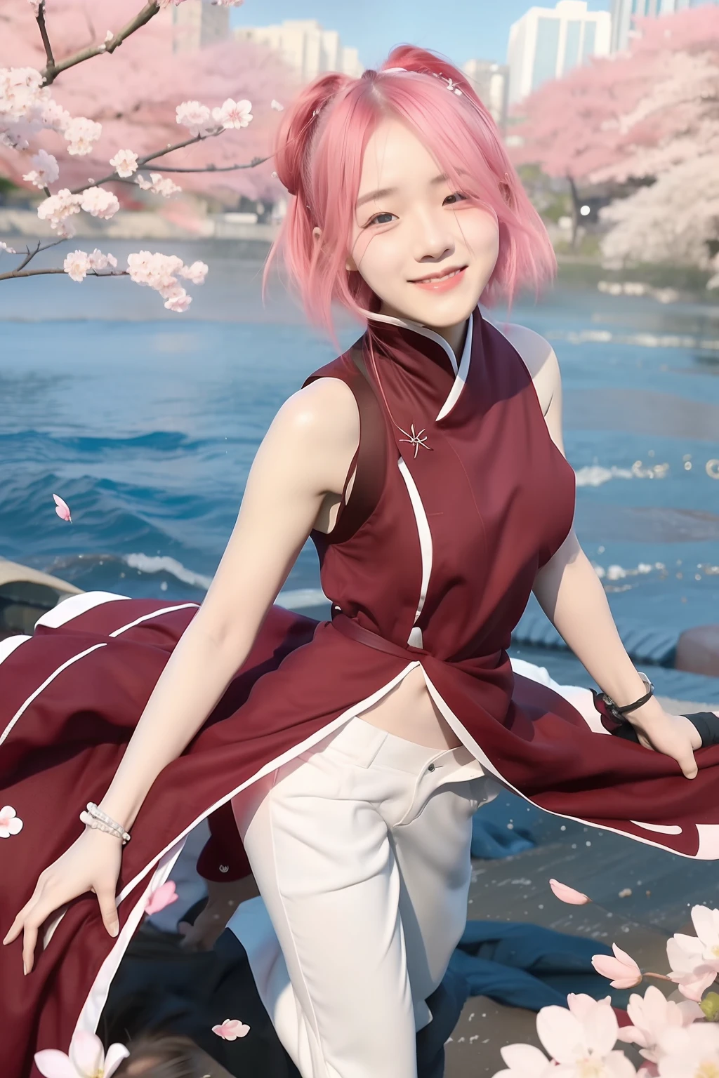 Sakura uchiha. A woman was at the cherry blossom garden. She was seen jumping in her red kimono. And white pants. She was seen wearing bracelets on her hands. Her hair was short pink and unattached. The bottom of the kimono got pushed out. His skin was white. In one eye, he was blindfolded. He looked at the camera and laughed. She looks so beautiful and realistic