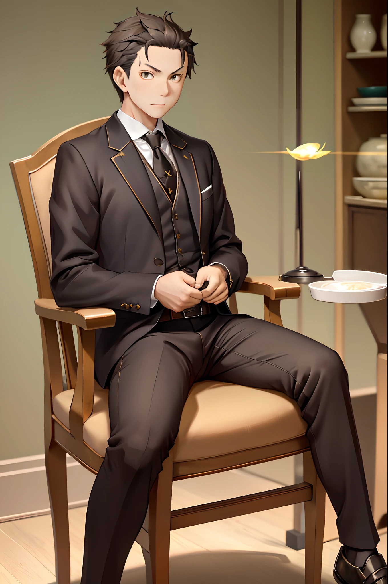 (1 Adult male),A high resolution, Sharp focus, Pixiv masterpiece, ((Complicated details)), highly detailed, natsuki_subaru, 1 man, sit astride,full bodyesbian, Golden eyes(eyes glowing), with short golden hair,white shirt,Wear a tie,Wear a belt,perspire,look from down