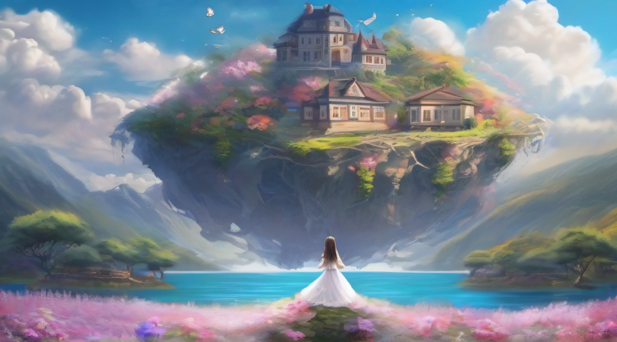 ccurate, best quality, masterpiece, UHD, high details, award winning, (Amazing:1.1), (Surrealism), Conceptual art, Verism, cinematic lighting, panorama, beautiful high school girl, (17 yr old), ((((full body)))), from behind, picking flowers, dance, without looking at me, (((wearing simple school uniform))), black eyes, black hair, floating hair, ((8 life size)), detailed hairstyles, detailed bodyline, anatomically correct, ((she is lost in a surreal world of dreamlike landscapes)), A floating island in the sky, Quiet village with ruins and colorful houses, shallow sea, Horizon, ((beautiful Blue sea)), blue sky, paradise scenery, flowers, wind flow, (((fantasy))), frontier, (magnificent space),
