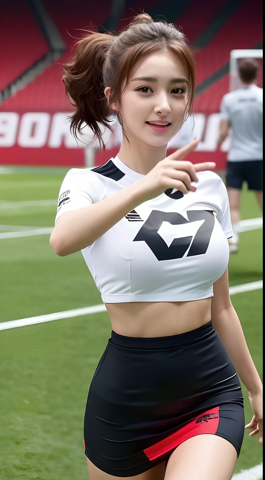 ((Best Quality, 8K, Masterpiece: 1.3)), 1girl, Slim Abs Beauty: 1.3, (Hairstyle Casual,Super Big Breasts: 2.5), Dress: 2.5, Super Fine Face, Delicate Eyes, Double Eyelids, Smile,Korean Girl,Age 17,Ponytail Brown Hair,Tight Wet Red Bras Manchester United Shirt And Torn Wet White Mini Skirt Outfit,On The Football Field,And Playing Football,Kick The Ball And Goal,Shouted Loudly